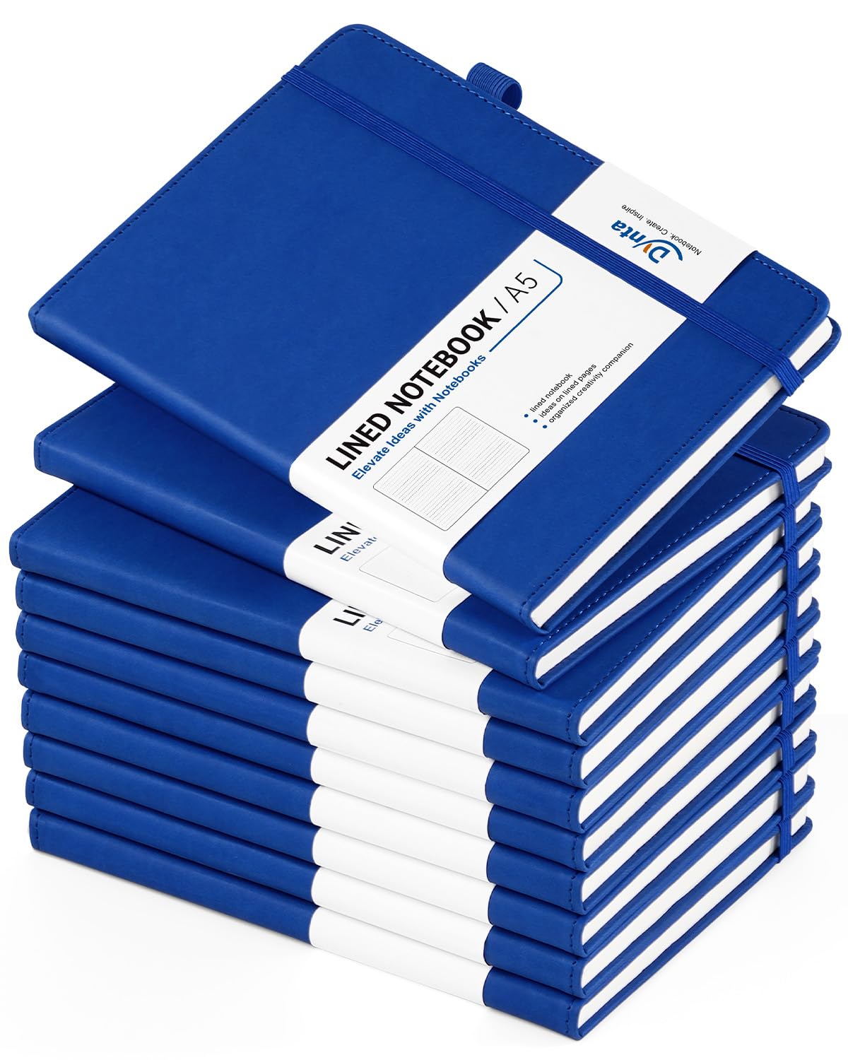 Dynta Confezione da 10 quaderni con copertina rigida, formato A5, a righe, 160 pagine/80 fogli, con passante per penna, per lavoro, scrittura, prendere appunti (blu)