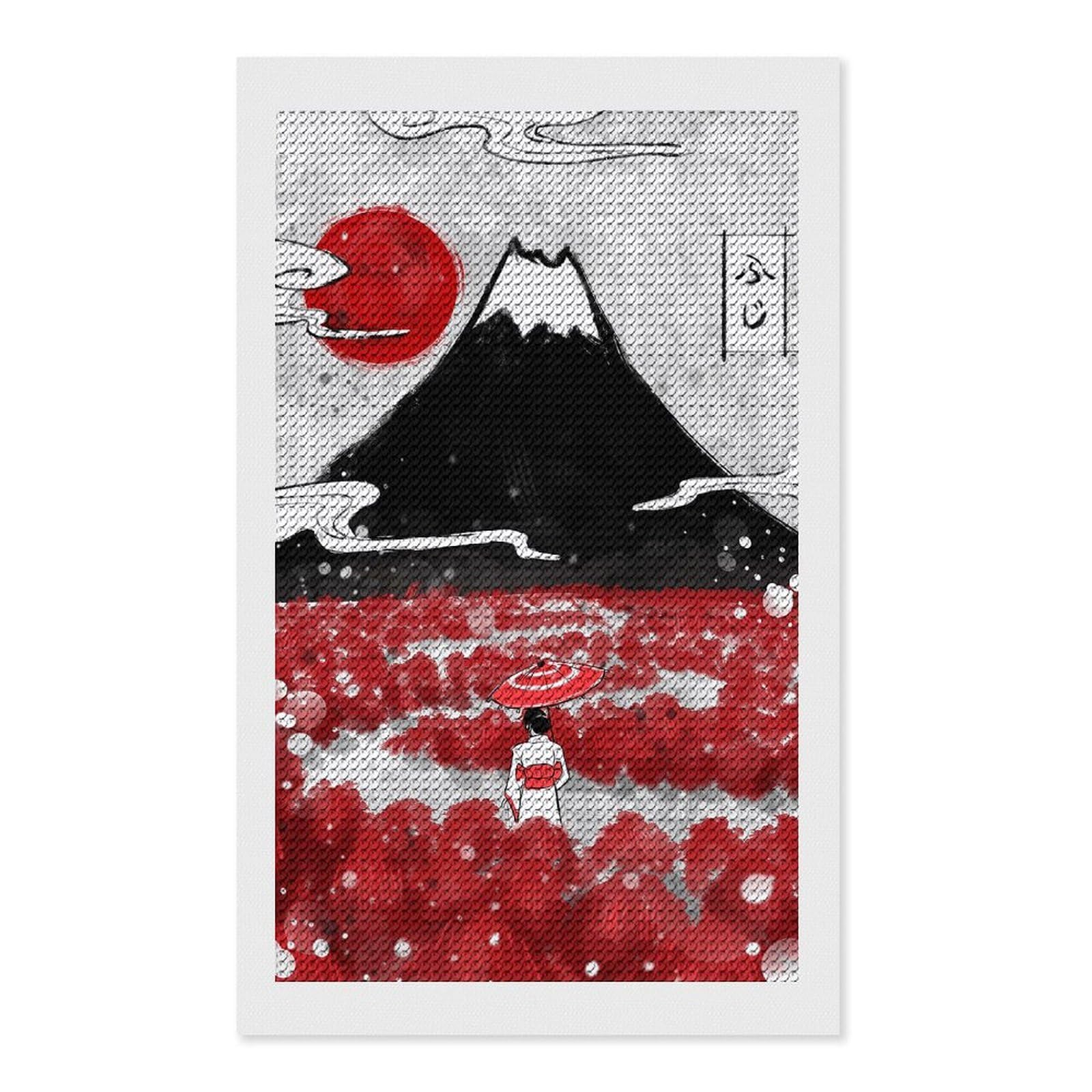 Junmoney Mount Fuji and Red Flowers Diamond Painting Canvas Set 12"x20", Full Kit Included, Calming Craft to Unwind, Farmhouse Decor, Christmas Gift