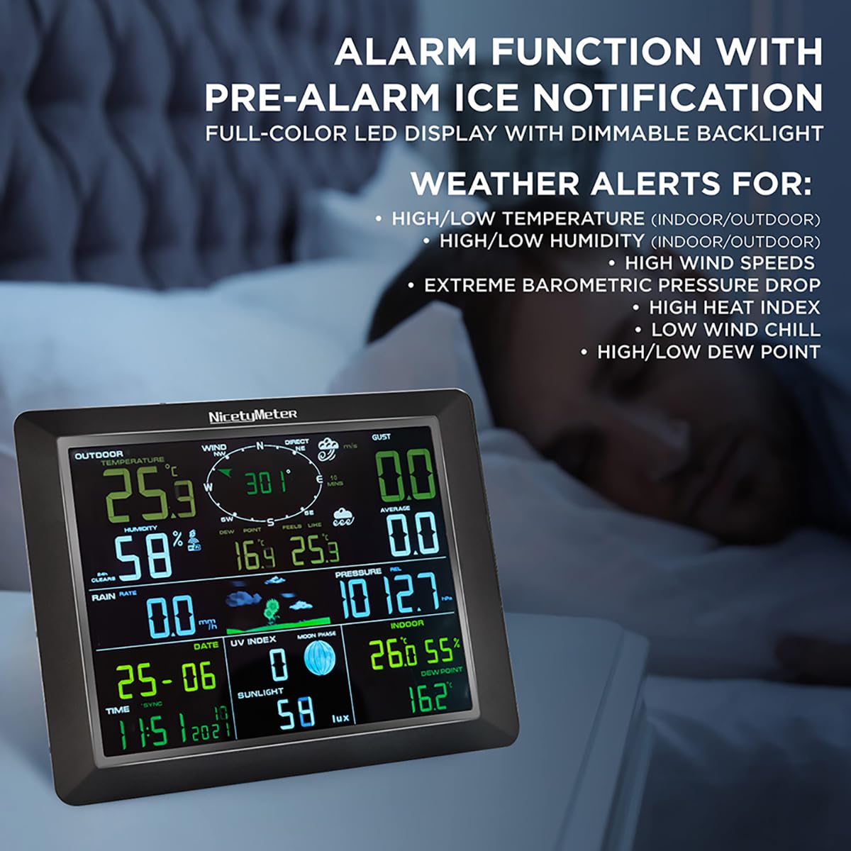 Estación meteorológica 7 en 1 con sensor exterior, sistema de monitoreo meteorológico WiFi, estaciones meteorológicas inalámbricas con energía solar con pronóstico del tiempo, medidor de temperatura y