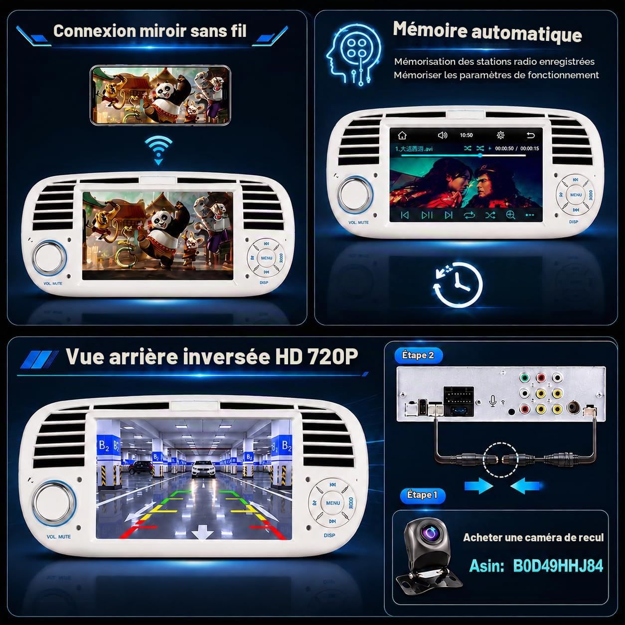 Autoradio Écran CarPlay sans Fil pour Fiat 500 2007-2015 1 DIN Bluetooth