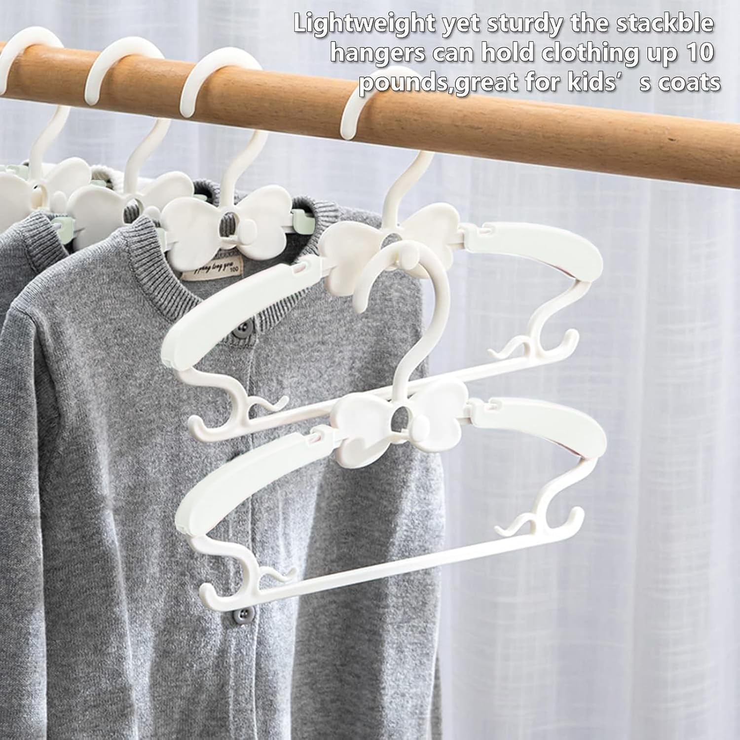 WJWSKI Grucce appendiabiti per bambini, 29 – 37 cm, 20 pezzi, impilabili, con supporto per pantaloni, salvaspazio, in plastica antiscivolo, per bambini (bianco)