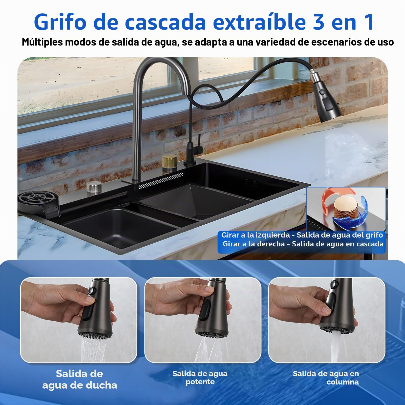 Grifo Con Pantalla y Cascada Fregadero, Con Nanorrevestimiento, Tabla de Cortar Deslizante y Lavavajillas de Alta Presión (Black-Grey#1, 75x45cm)