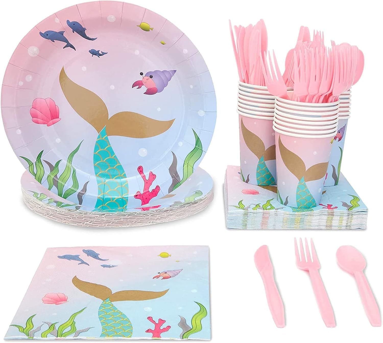 144 Piece Mermaid Birthday Party Supplies Bundle - Dinnerware Set with Plates, Napkins, Cups, and Cutlery for 24 Guests - Perfect for Mermaid Birthday Decorations