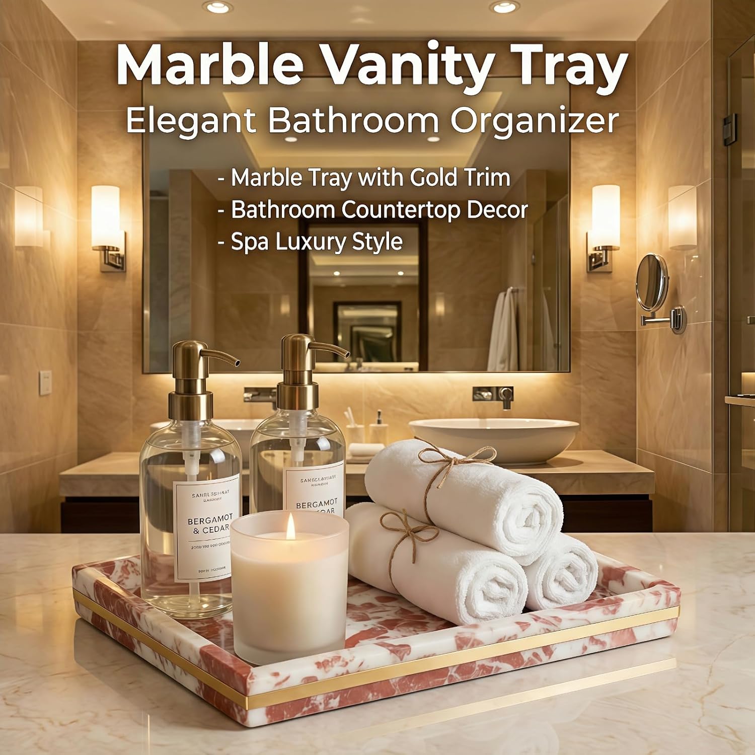 Red Marble Tray, 12" Luxury Marble Vanity Tray for Bathroom Countertop Dresser Kitchen, Natural Stone Tray for Home Decor, Decorative Marble Serving Tray with Brass Trim