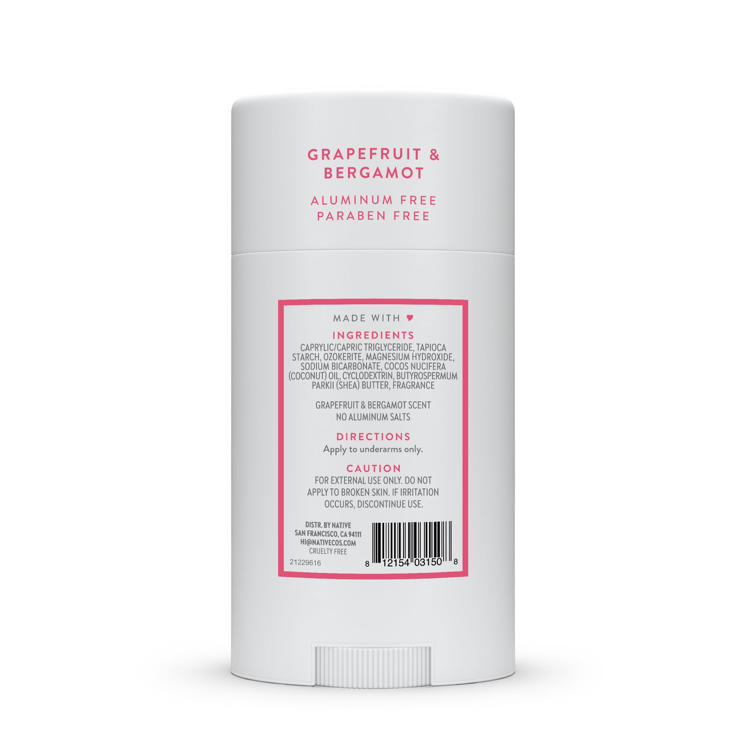 Native Deodorant Contains Naturally Derived Ingredients, 72 Hour Odor Control, Deodorant for Women and Men, Aluminum Free, Grapefruit & Bergamot 2.65oz