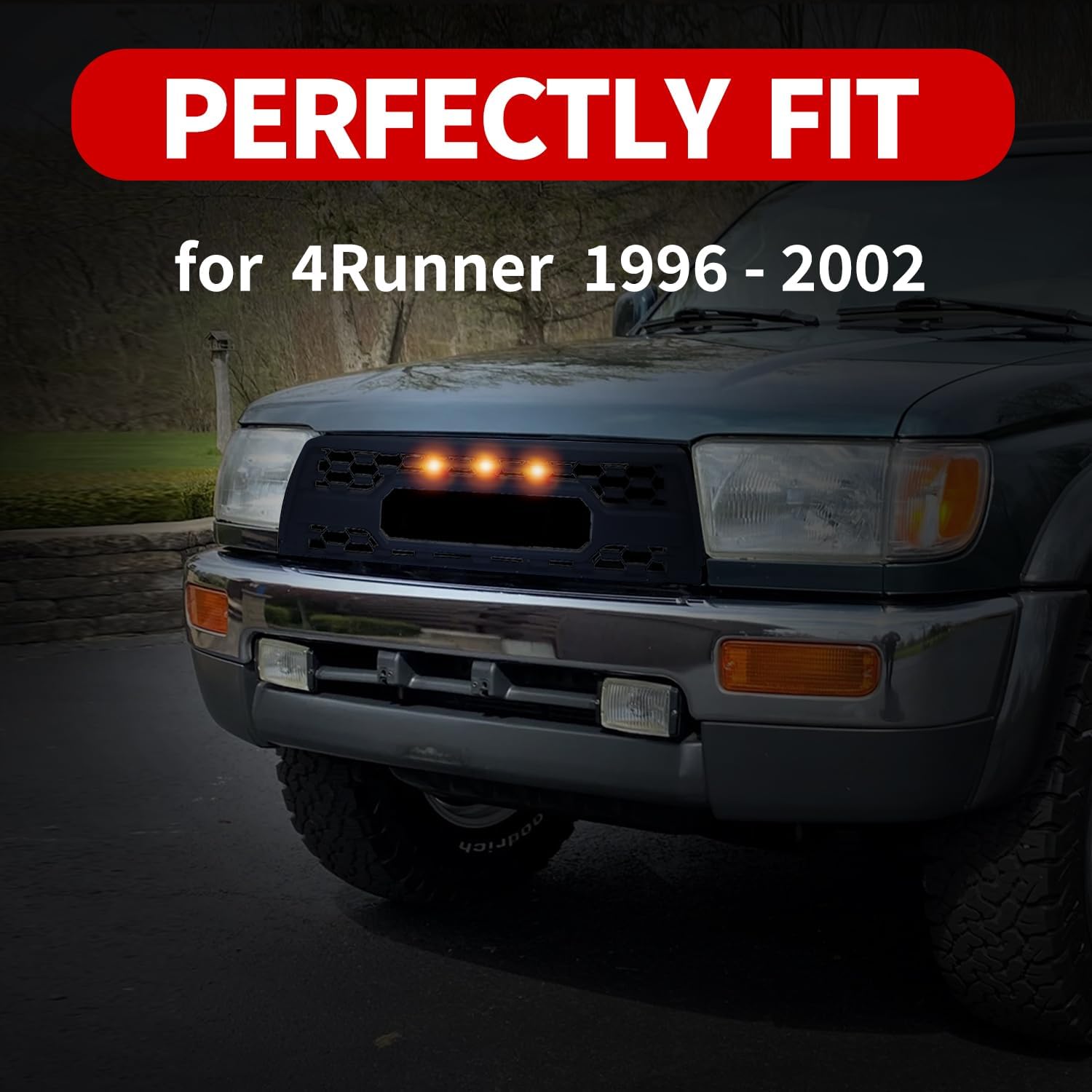 Front Grille for 4Runner 1996-2002, Front Bumper Mesh Grill Replacement with 3 Amber LED Lights Accessories, Easy to Insatll, Matte Black