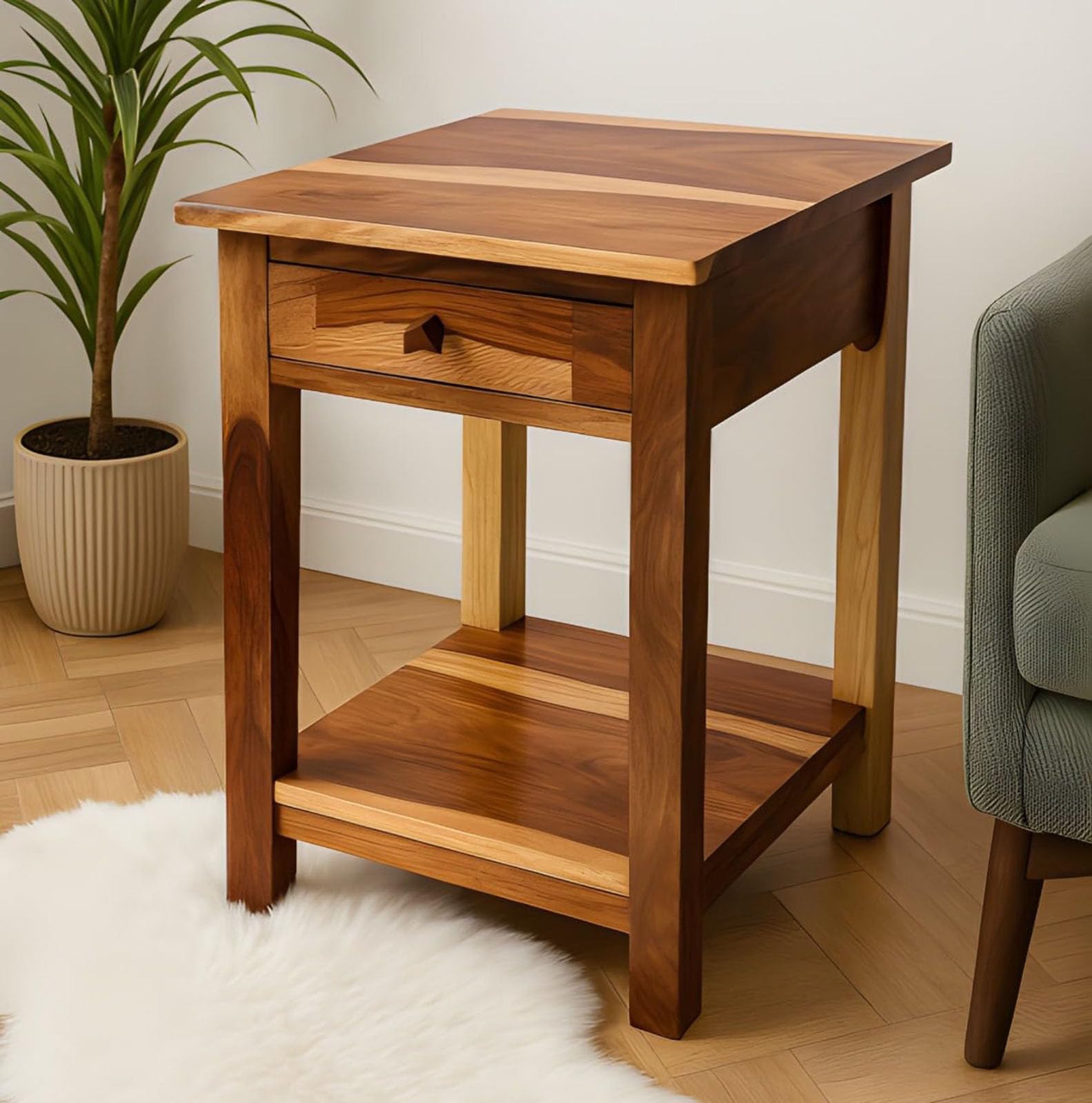 Centre Coffee Table,with Drawer Nesting Table, end Table, Square Shape, Solid sheesham Wood, Living Room, Drawing Room, Hallway, Bedroom, and Office Furniture (brown1)