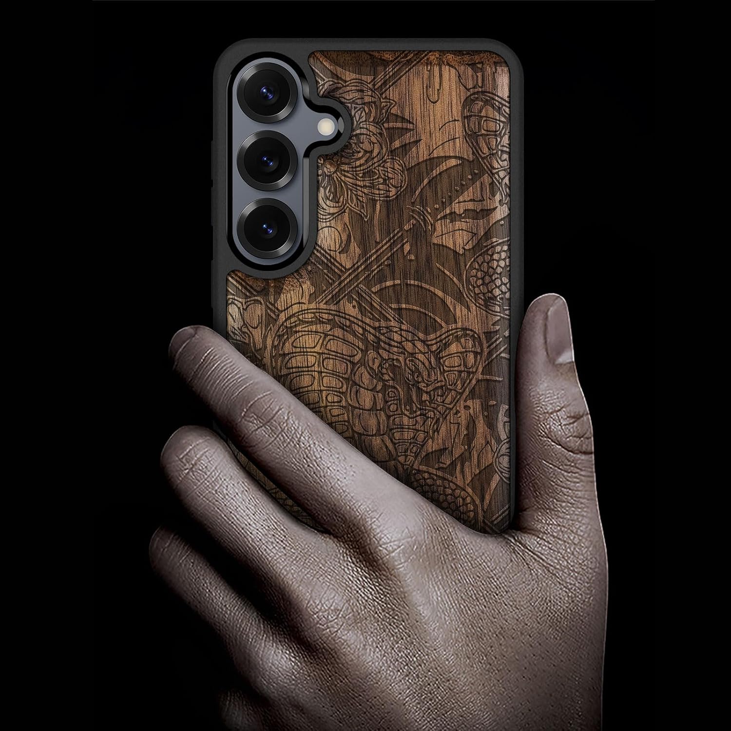 Carveit Magnetic Wooden Case for Galaxy S25+ Samsung S25 Plus Case, TPU Shockproof Cover & Wood Engraved, Compatible with MagSafe Wireless Chargers (Vintage Snake & Katana Totem) Walnut