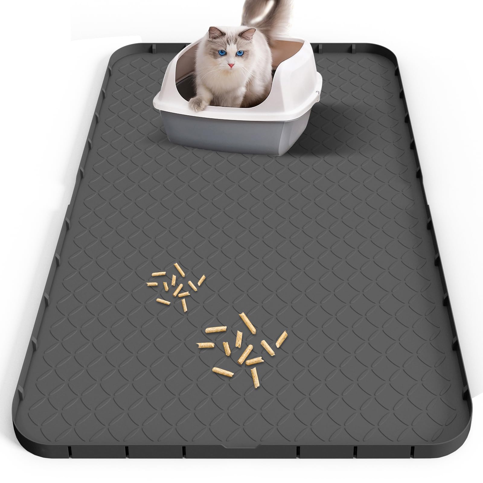 Silikon Katzenklo Matte XXL 88 × 56 cm – Wasserfest, Rutschfest & Leicht zu Reinigen– Katzenstreu Matte, Schwarz, Katzenpfoten Freundlich, für Fressnapf & Katzentoilette, Mehrkatzenhaushalte