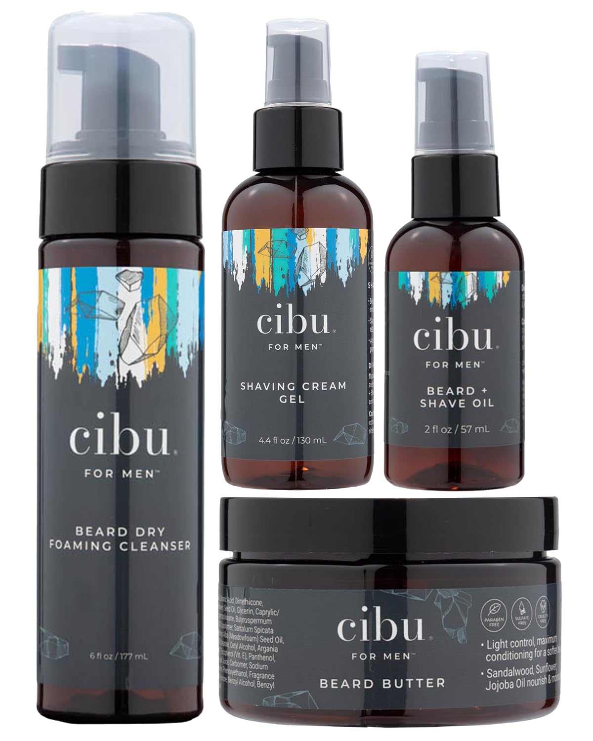 CIBU for Men Grooming Set - Beard Dry Foaming Cleanser (6oz), Conditioning Butter (4oz), Pre-Shave Oil (2oz), Shaving Cream Gel (4.4oz) - Beard Grooming Kit for Men to Look Sharp and Feel Refreshed