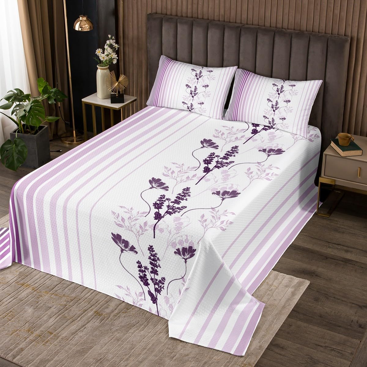 jejeloiu Boys Girls Vintage Floral Bedspread Queen Size, Ombre Stripes Coverlet Set Rose Quilted Coverlet Kids Purple Teens Bedroom Decor with 2 Pillow Case