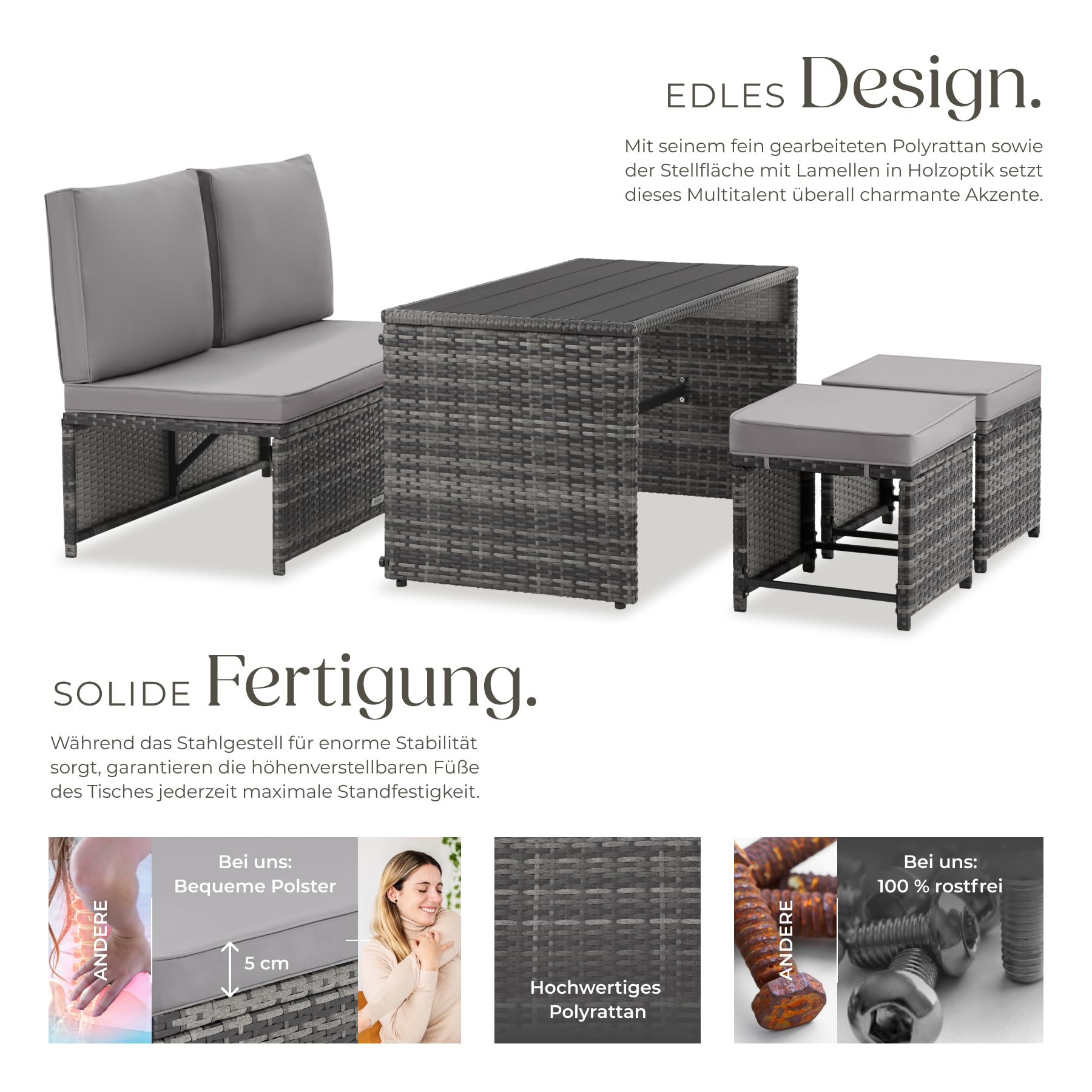 tectake® 2in1 Rattanlounge für 4 Personen, Set mit Tisch mit Schraubfüßen, Tischoberfläche in Holzoptik, Polyrattan Gartenmöbel, als Gartensofa oder Sitzgruppe, Terrassenmöbel, Outdoor Lounge – grau