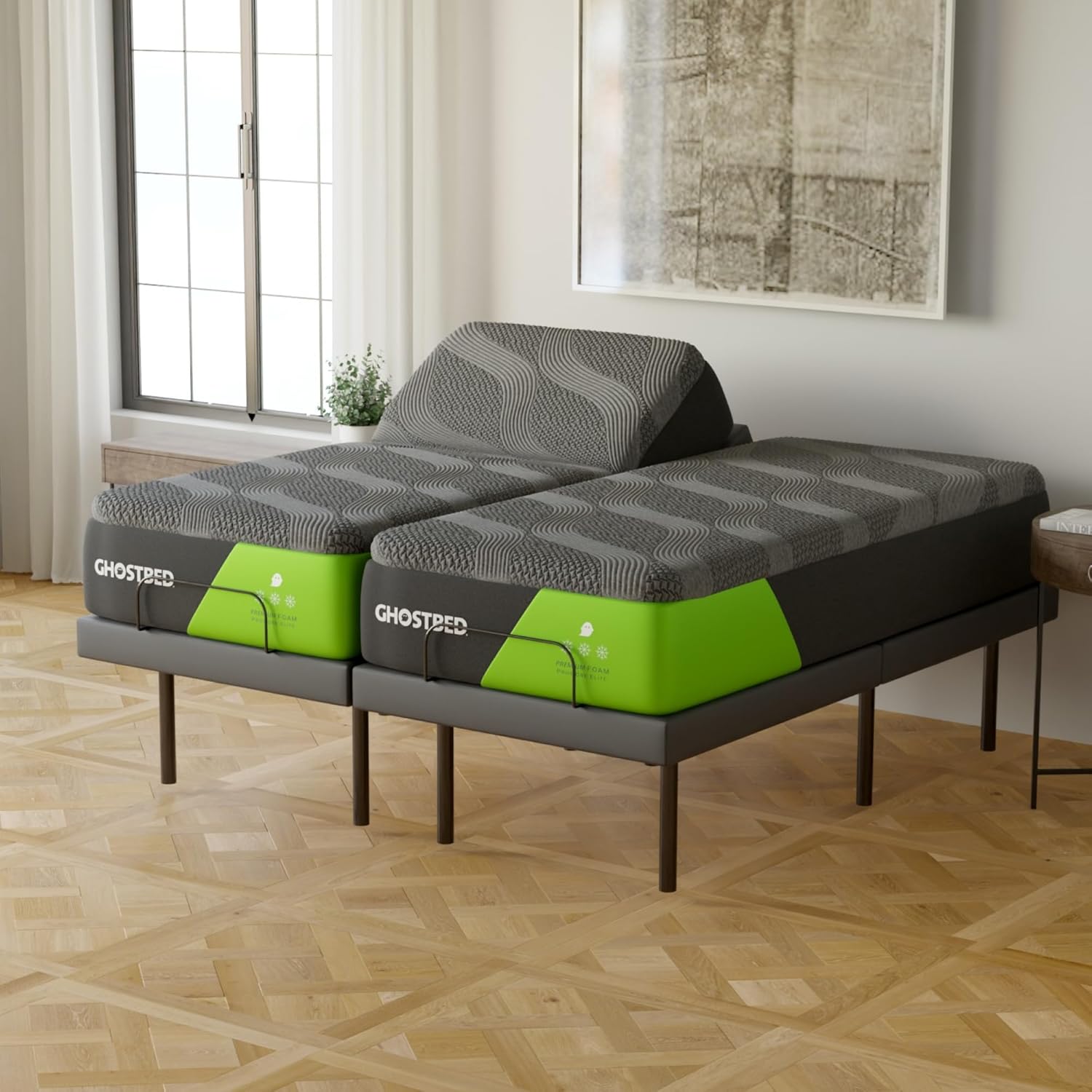 GhostBed Adjustable Bed Frame Split King 14" Cooling Memory Foam Mattress - Adjustable Electric Bed Base with Zero Gravity and Massage – Split King Adjustable Base with Mattress