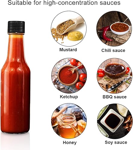 Vista 5 de Encheng Paquete de 35 botellas de salsa picante de 5 onzas con tapas, botellas de vidrio Woozy con insertos de gotero y cápsulas retráctiles, Negro