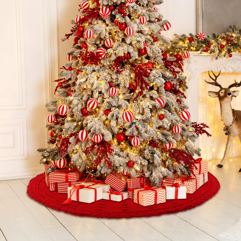 YUJUN Gonna lavorata a maglia per albero di Natale, 122 cm, colore: rosso