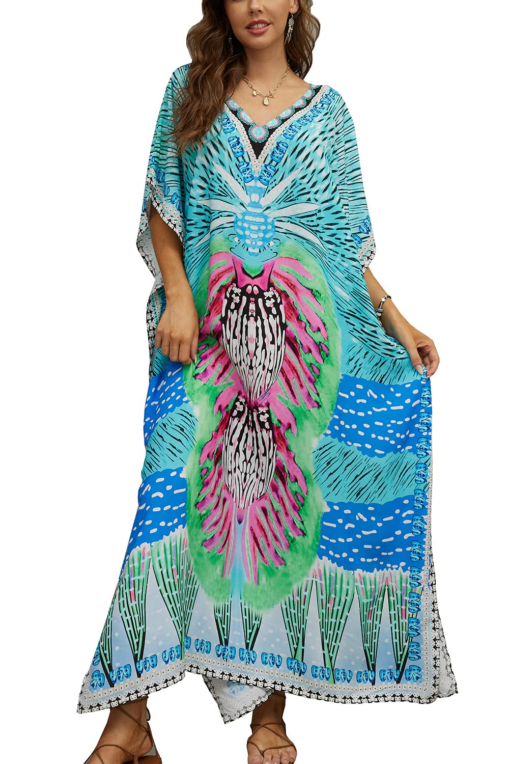 LikeJumpWomen's Boho Multicolor Kaftan Beach Dress Bikini Cover Ups Kimono Maxi Kaftan Plus Size