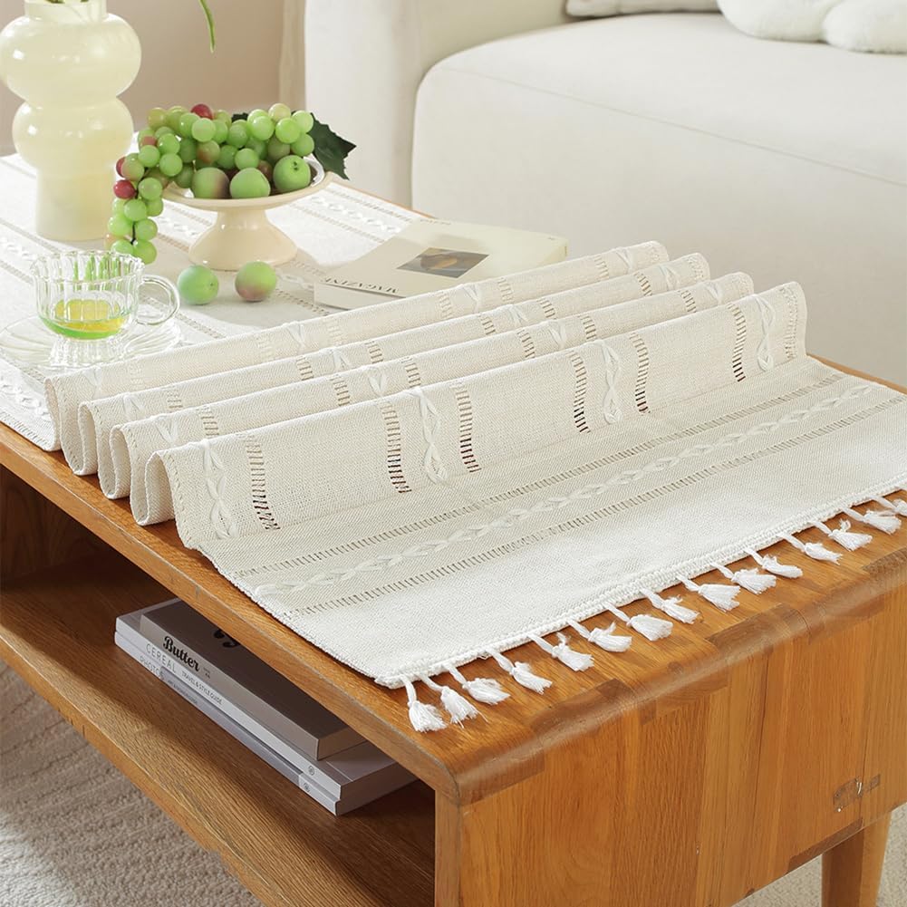 vctops Coffee Table Cloth Rustic Farmhouse Striped Embroidered Rectangle Tablecloth with Pockets and Tassels, Washable Table Cover for Nightstand Bedside End Table Washer Dryer (White,20"x70")