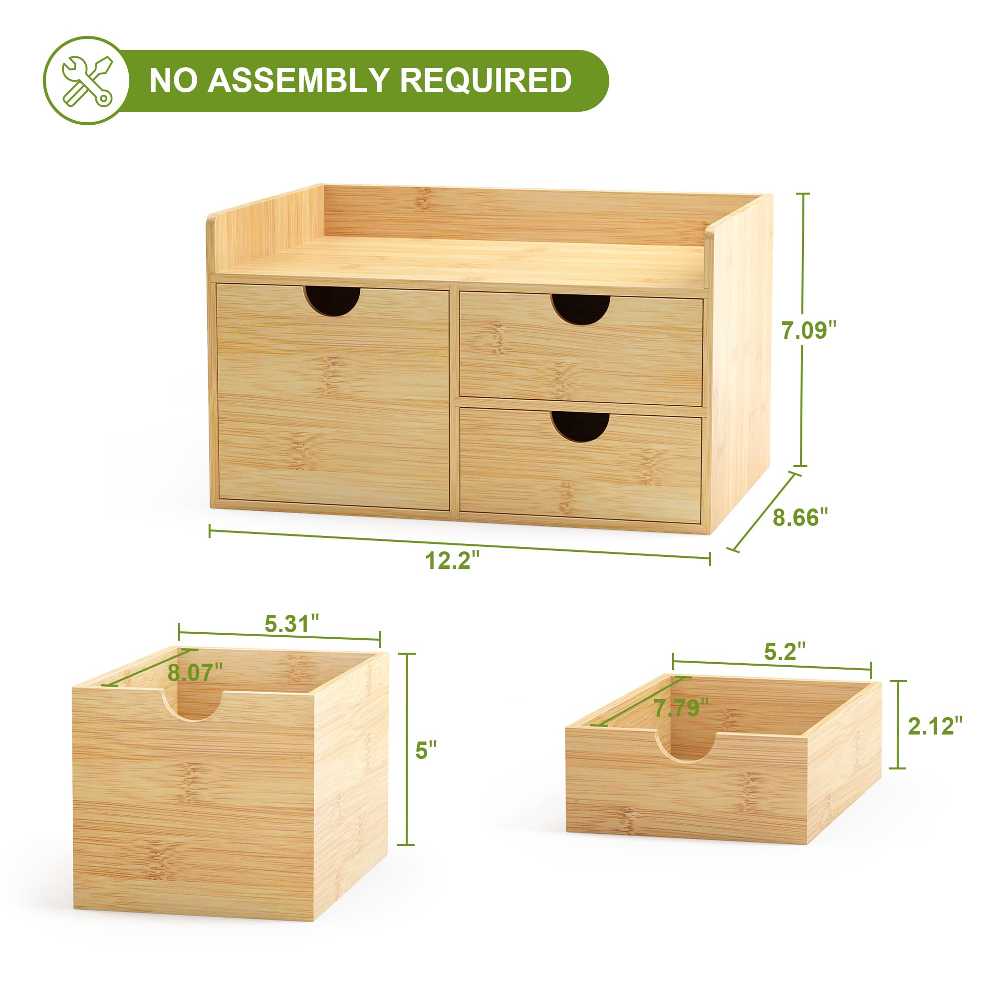 Wisuce Schreibtisch-Schubladen-Organizer aus Bambus, 3 Schubladen, Schreibtisch-Organizer mit Schubladen, Tischaufbewahrung, Organisationsbox für Büro, Zuhause, Toilettenartikel, Waschtisch, keine