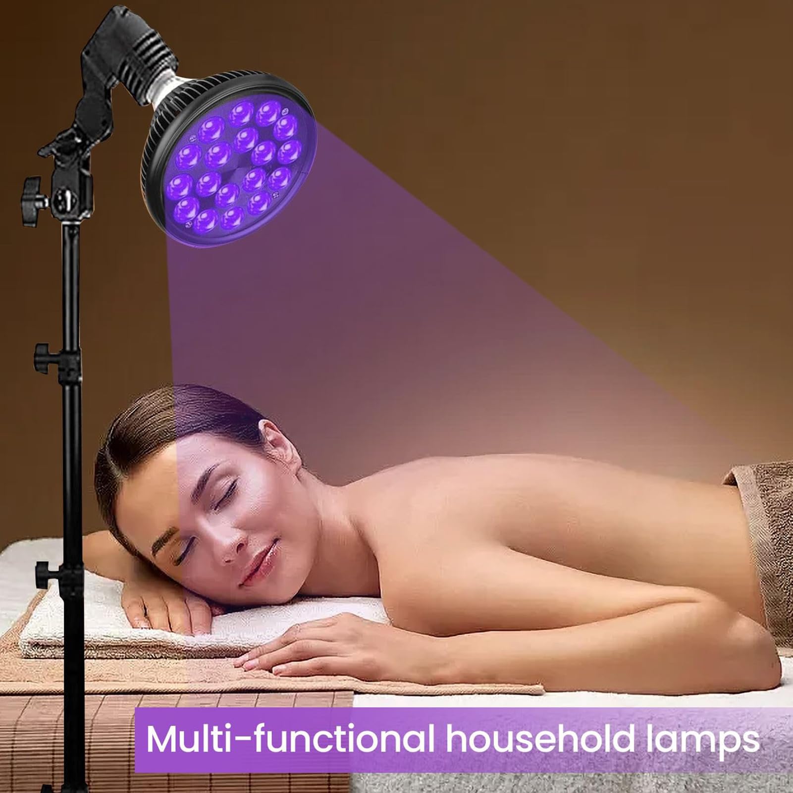 Lampe De Bronzage avec Masque pour Yeux Et TréPied, 18 LED 395 Nm Appareil Autobronzant pour Bain De Soleil à Domicile, Lampadaire LumièRe Violette 54w, pour Corps Et Visage