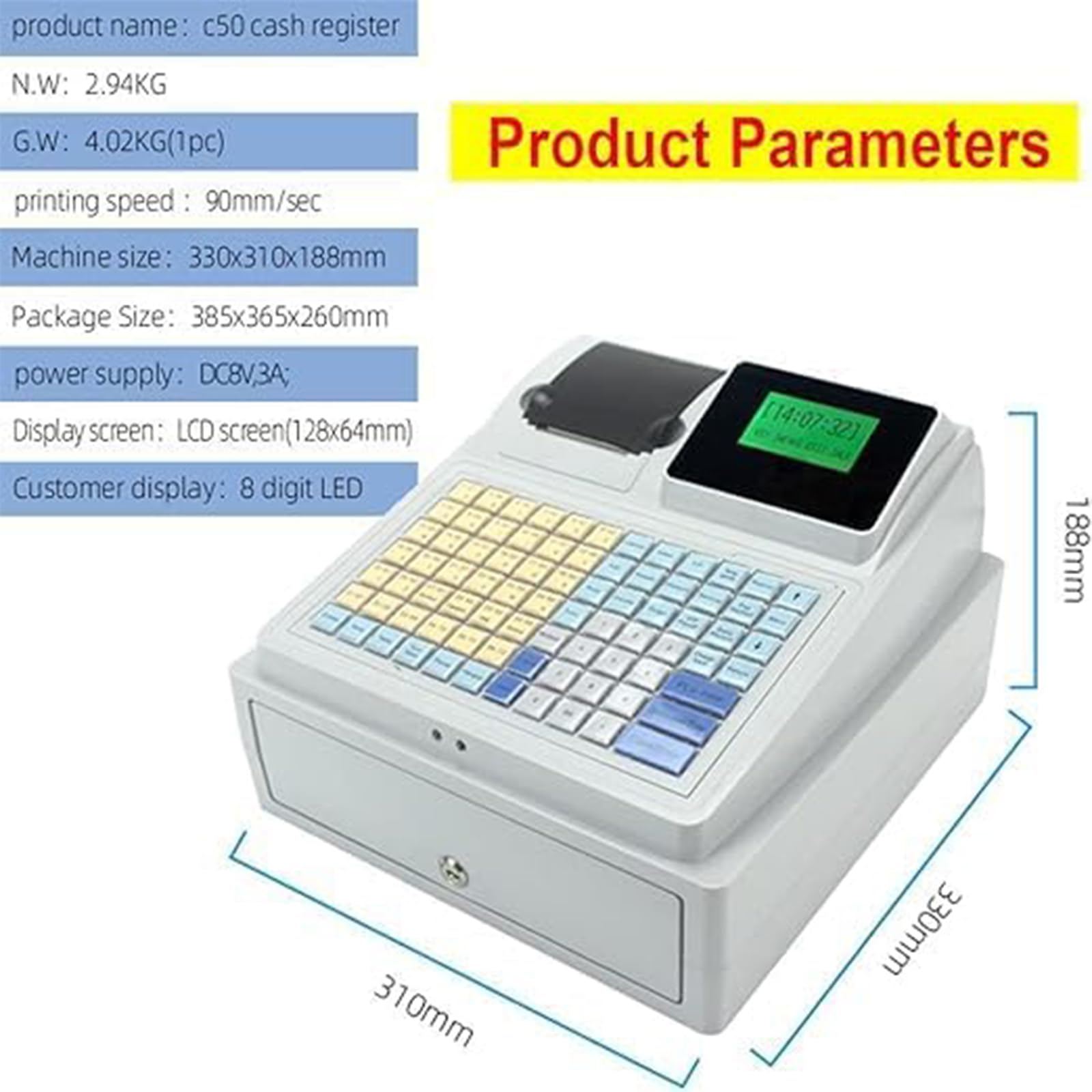Caja Registradora Básica, Caja Registradora Electrónica, Sistema TPV, 81 Teclas, Caja Registradora Digital LED, para Restaurantes, Supermercados y Comercios Minoristas.