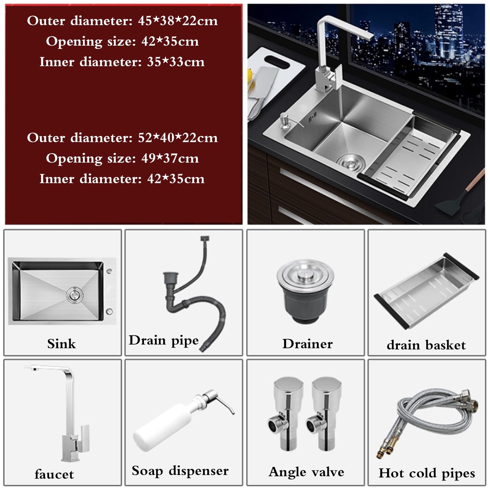Cocina de Acero Inoxidable Plateada con sifón para Grifo, Lavabo Individual para Lavar Platos y Verduras, fácil de Limpiar (45 x 38 x 22 cm)