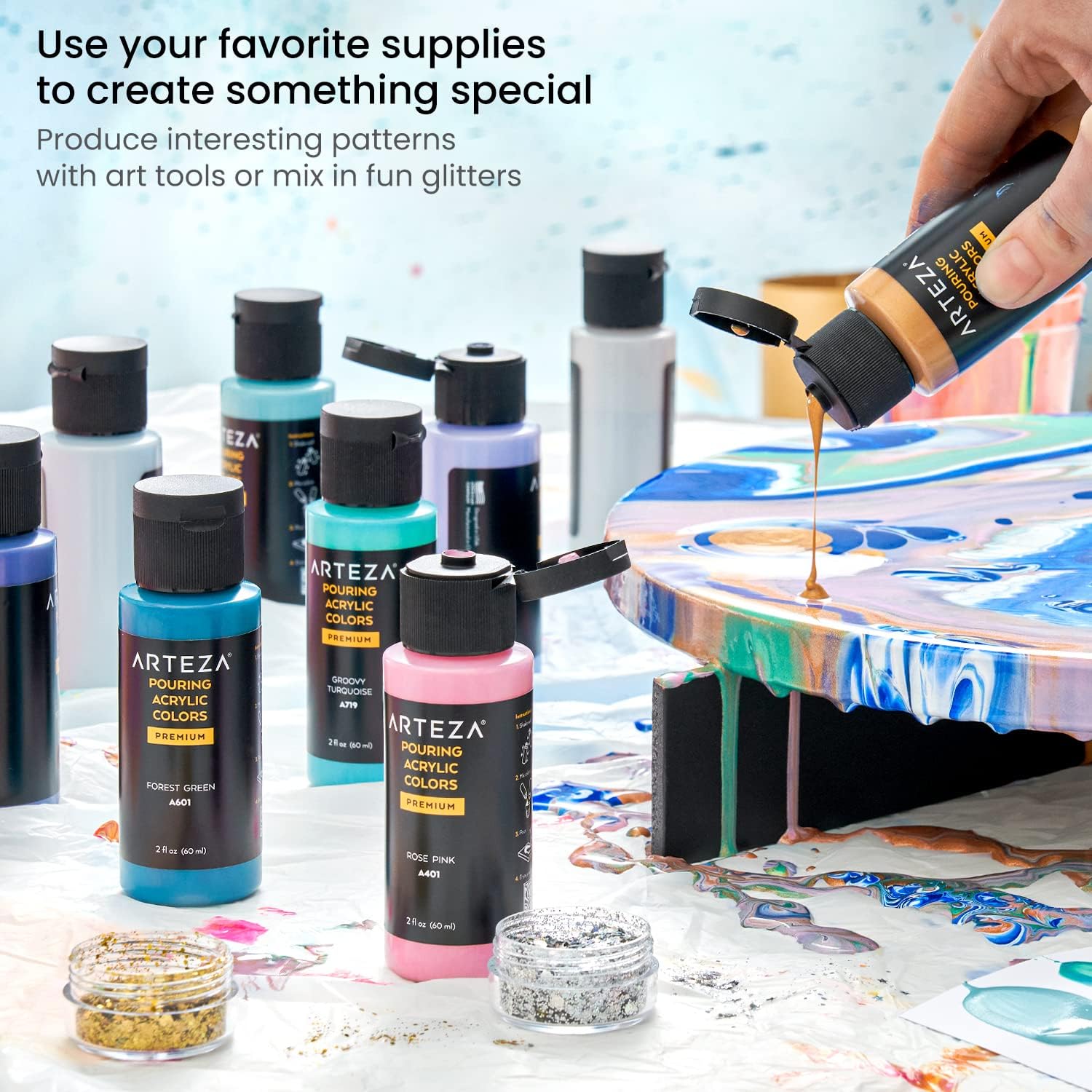 ARTEZA Acrylic Pouring Kit – 14 High-Flow Paints, 2 Stretched Canvases, 2 Wooden Slices, Glitter, Palette Knives & Craft Tools for Acrylic Pouring Projects