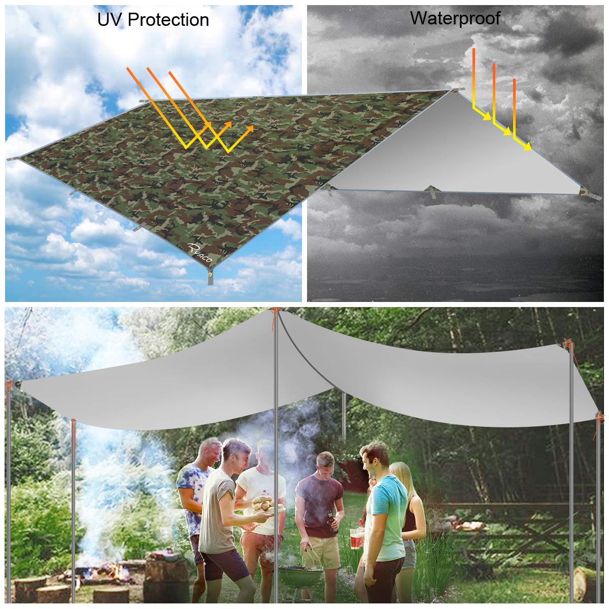 RYACO plandeka przeciwdeszczowa, 3 m x 4 m, kamping, plandeka, deszcz tarp, wodoodporna, przenośna, składana, schronienie, turystyka, duży, z zamkami i kieszenią na wodę na Picnic
