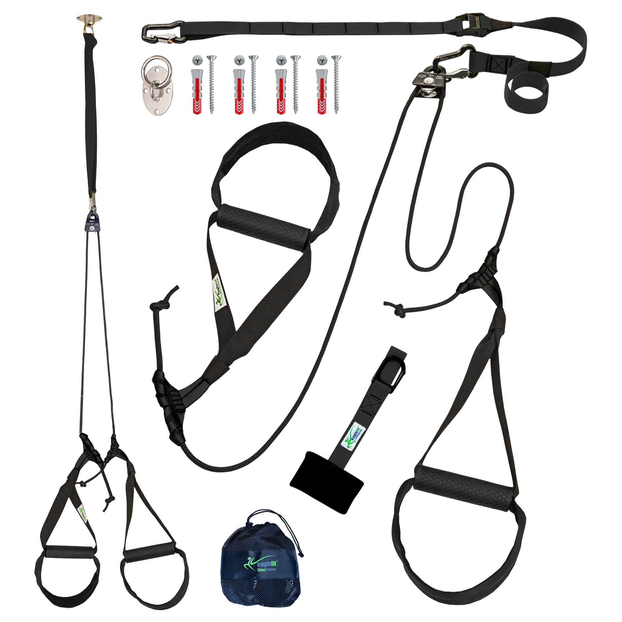 eaglefit - Premium Sling Trainer „Allround“ - Schlingentrainer für Zuhause & Outdoor inkl. Türanker, Umlenkrolle, Deckenhalterung & Zubehör für Krafttraining & Muskelaufbau - Verstellbar 90-310 cm