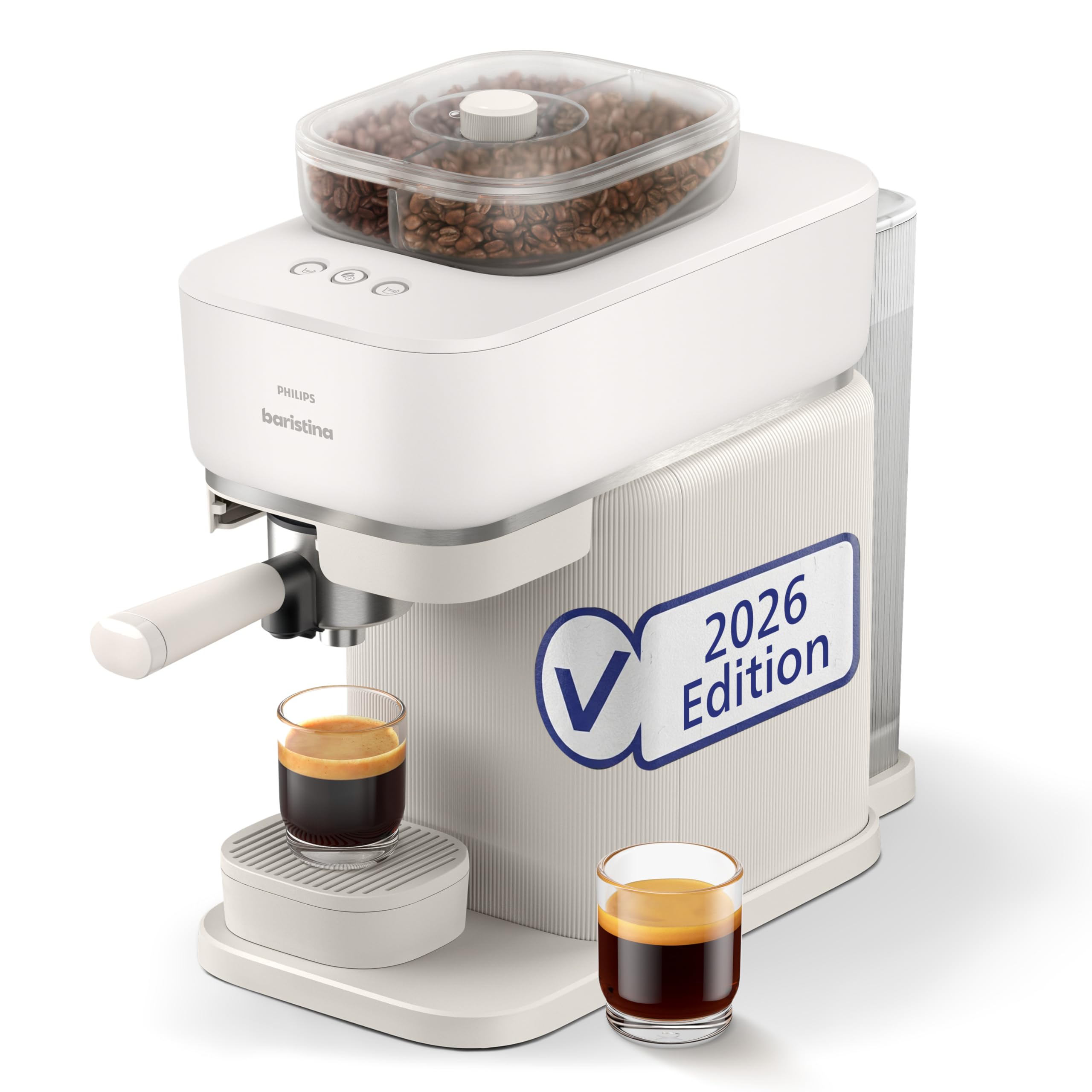Philips Baristina Espressomaschine mit Bean swap, 16 bar, Dualer Bohnenbehälter, Espresso & Café Crema, naturweiß/weißer Siebträger (BAR320/00)