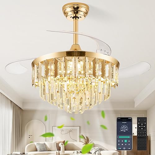 Miniatura 10 de Ventilador de Techo con Luz Fandelier, 42" Ventiladores de Techo Retráctiles con Luces Araña de Cristal, Ventilador Araña LED Regulable para 121