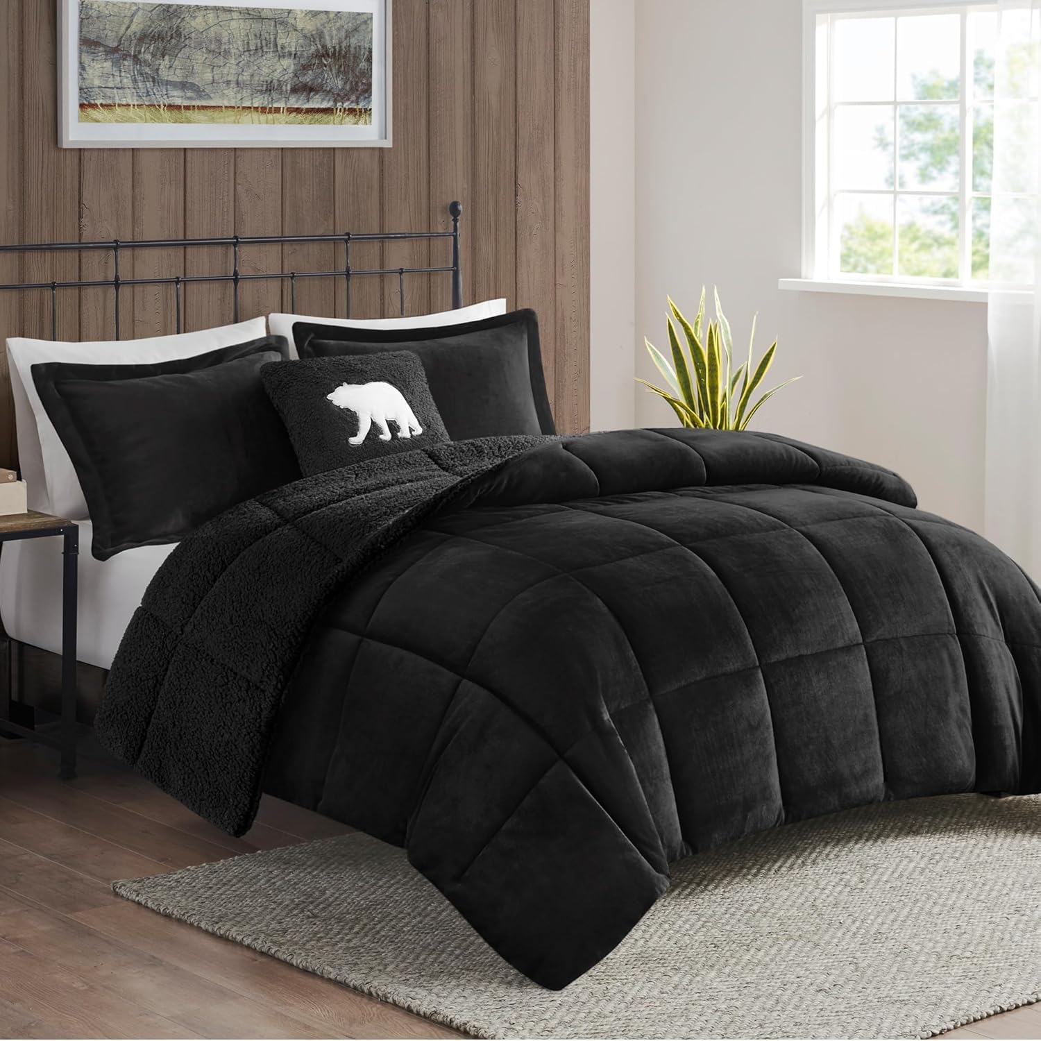 Woolrich Woolrich Soft Plush Sherpa Reversible Queen Comforter Set,Black & Black 4PC | Down Alternative, Oversized Bedding Set with matching shams, End to end box quilting, Dual-side Design, OEKO-TEX certified, Full/Queen, Black/Black