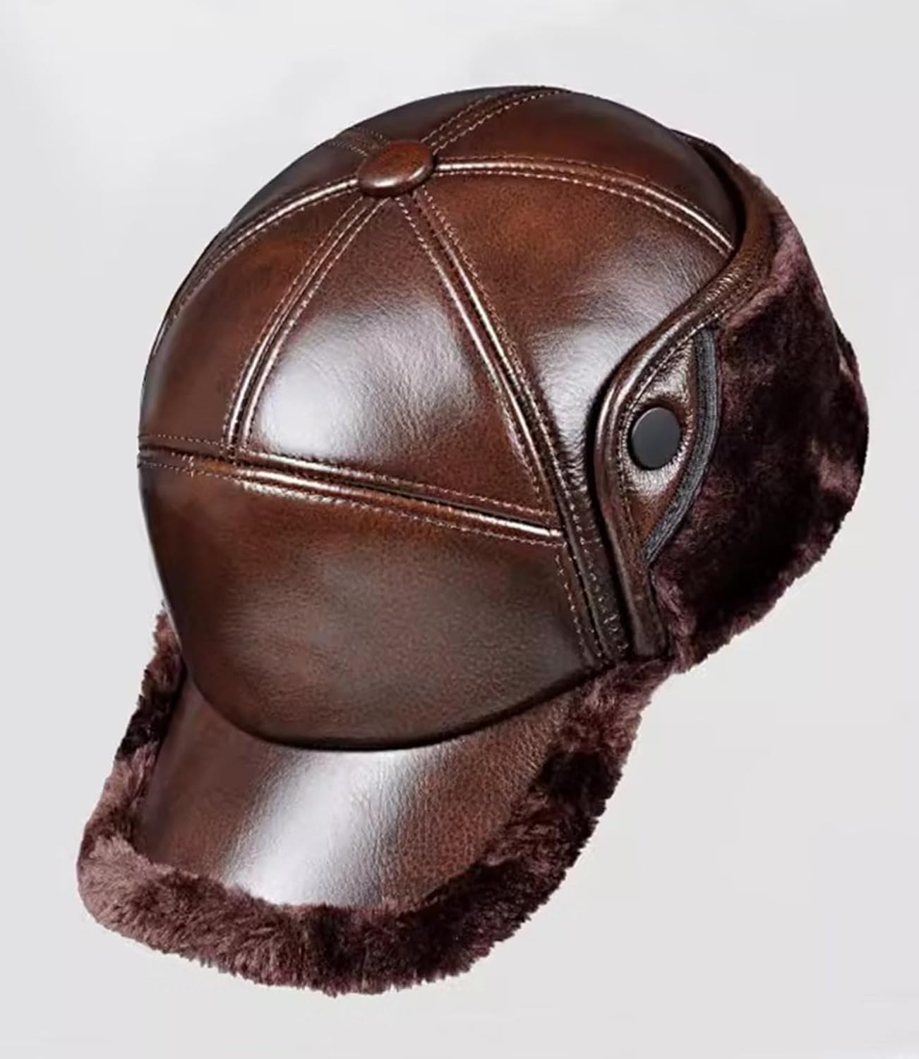 Winter Ear Flap Leather Baseball Cap,Trapper Bomber Hat,Warm Skating Skiing Outdoor Aviator Cap (A-XL