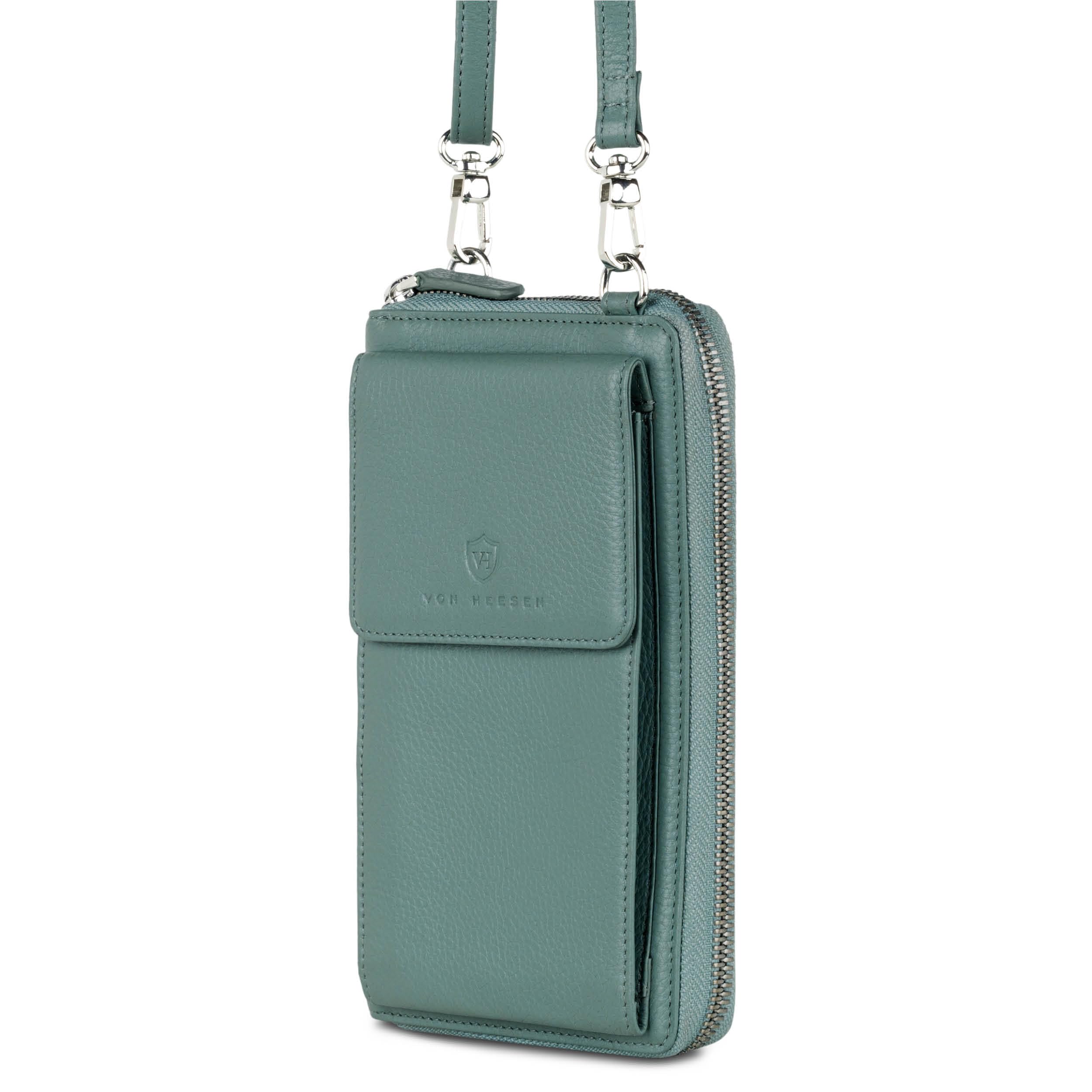 VON HEESEN Leder Handy-Geldbörse mit RFID-Schutz - Handytasche mit Portemonnaie für Damen & Herren aus echtem Leder - Wallet mit Münzfach - Geldbeutel für Frauen und Männer in Türkis (Silver Pine)
