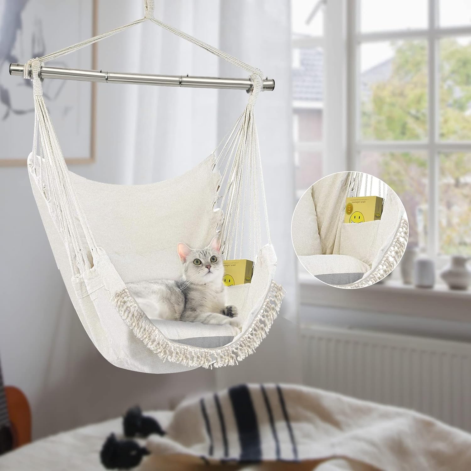 Hammock Chair Swing, Hanging Chair for Bedroom, Swing Chair for Indoor or Outdoor, Max 500 Lbs, 2 Cushions Included, Large Macrame Hanging Chair with Pocket, Easy to Assemble Hammock Swing, Beige