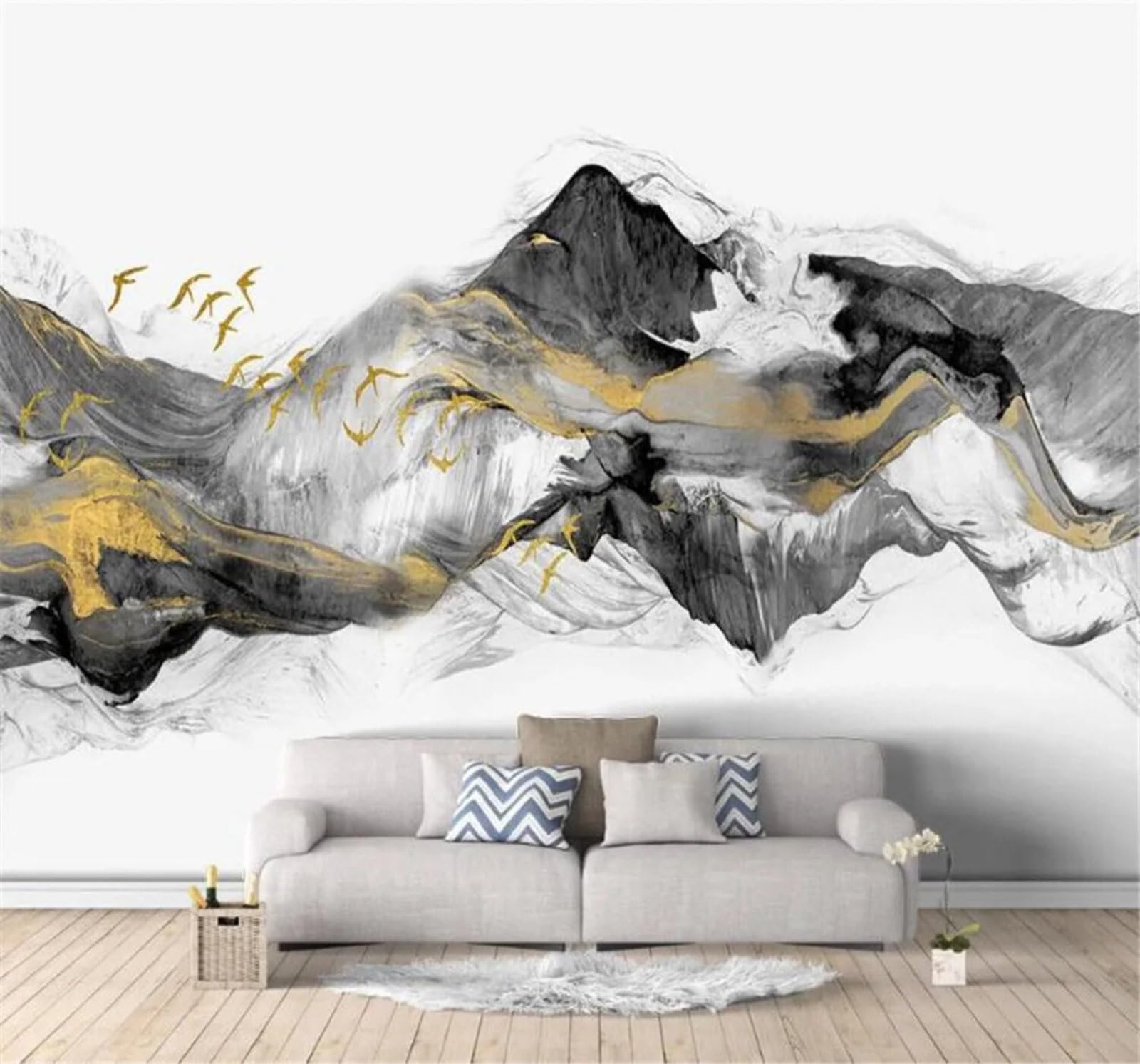 Tzxztt Abstract Gold Ink Wash Mountain Peaks Birds in Flight Landscape Modern 3D Wallpaper Premium Textured Silk Neutral Tones Material Ideal for Living Room Bedroom-150cm×105cm