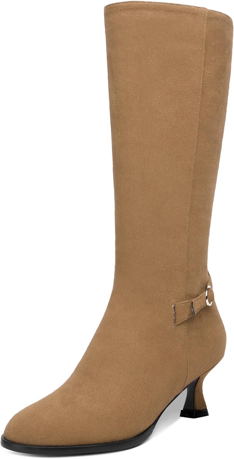 AMBELIGHT Womens Casual Round Toe Zip Suede Solid Dating Kitten Low Heel Mid Calf Boots 2 Inch