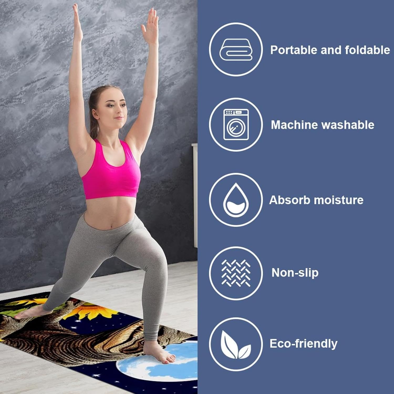 Yoga Towel, Crocodile Star Sunflower Non Slip Sweat Absorbent Hot Yoga Mat Towel for Hot Yoga, Pilates and Fitness - 72.8" x 26.8"