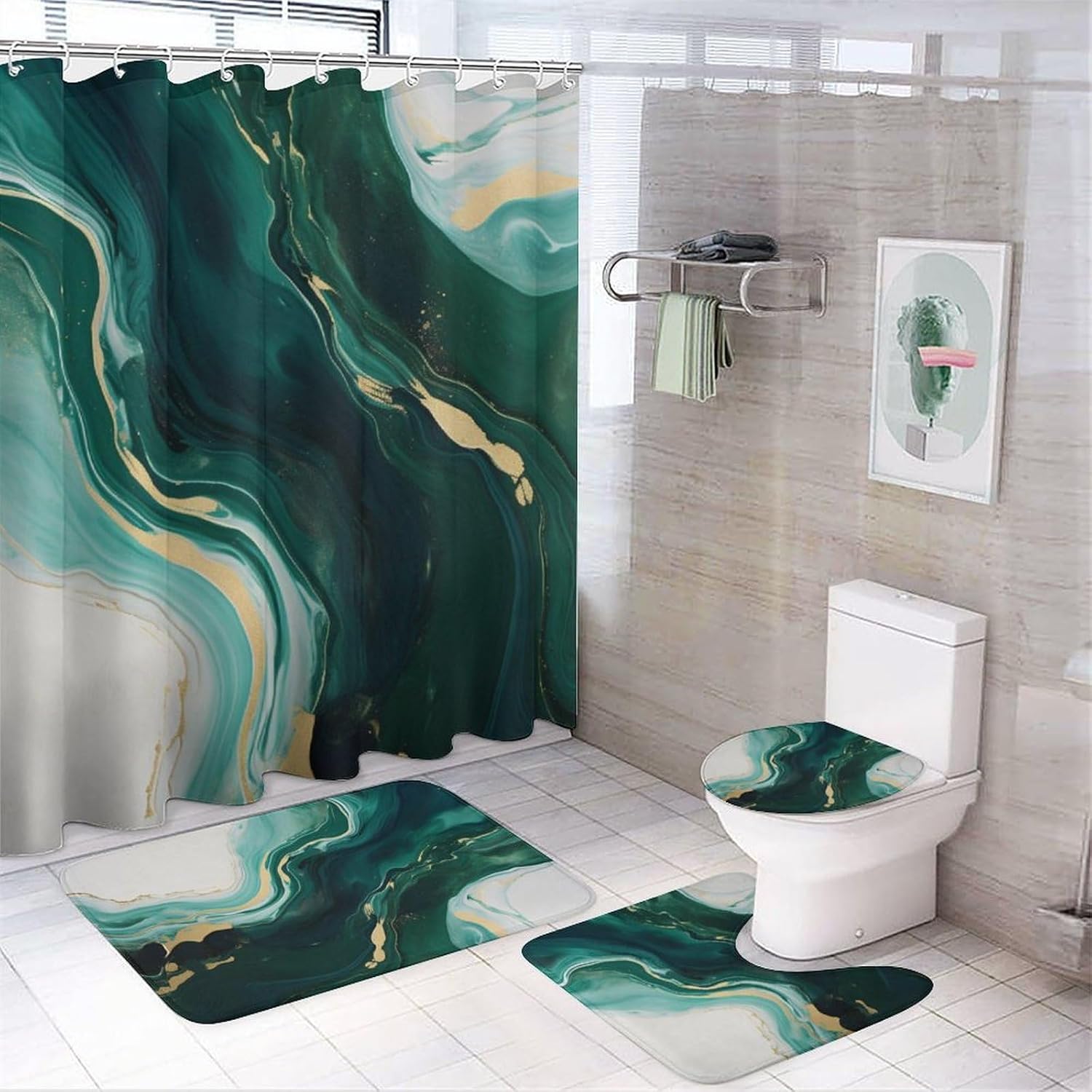 Gold Foil Line Shower Curtain Set for Bathroom, 4Pcs Modern Abstract Textured Dark Green Marble Bathroom Sets with Non Slip Rugs, Toilet Lid Cover, Bath Mat, Shower Curtain, Bathroom Decor
