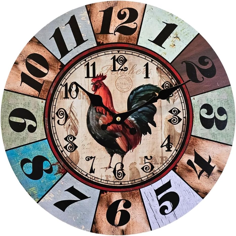 13-Inch Farmhouse Rooster Wall Clock Gift for Him, Rustic Decorative Clock for Kitchen, Living Room, Cafe & Home Decor Battery Operated Wall Clock