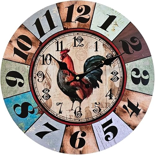 Reloj de pared de gallo de granja de 13 pulgadas, reloj decorativo rústico para cocina, sala de estar, cafetería y decoración del hogar, reloj de