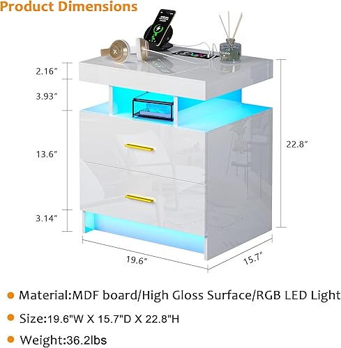 Miniatura 2 de Mesita de noche LED con estación de carga, moderna mesita de noche blanca con luz de sensor corporal, mesita de noche con 2 cajones de