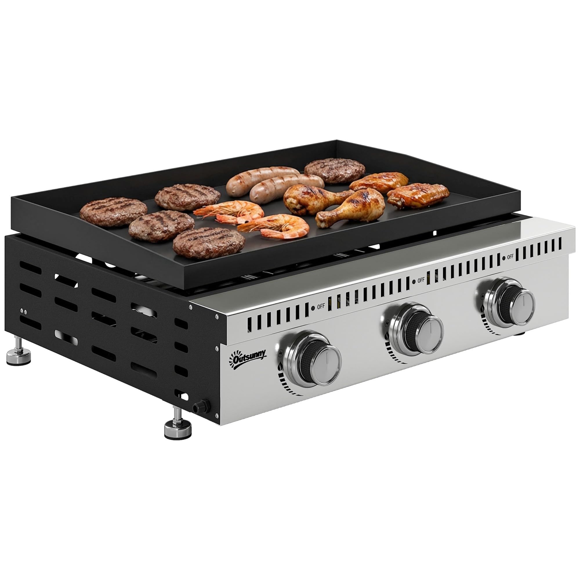 Outsunny Plancha gaz 9 kW 3 brûleurs en acier inoxydable, surface cuisson 56,​5 x 33 cm avec bac de récupération des graisses, propane/​butane/​GPL, portable pour camping, pique-​nique et terrasse, noir