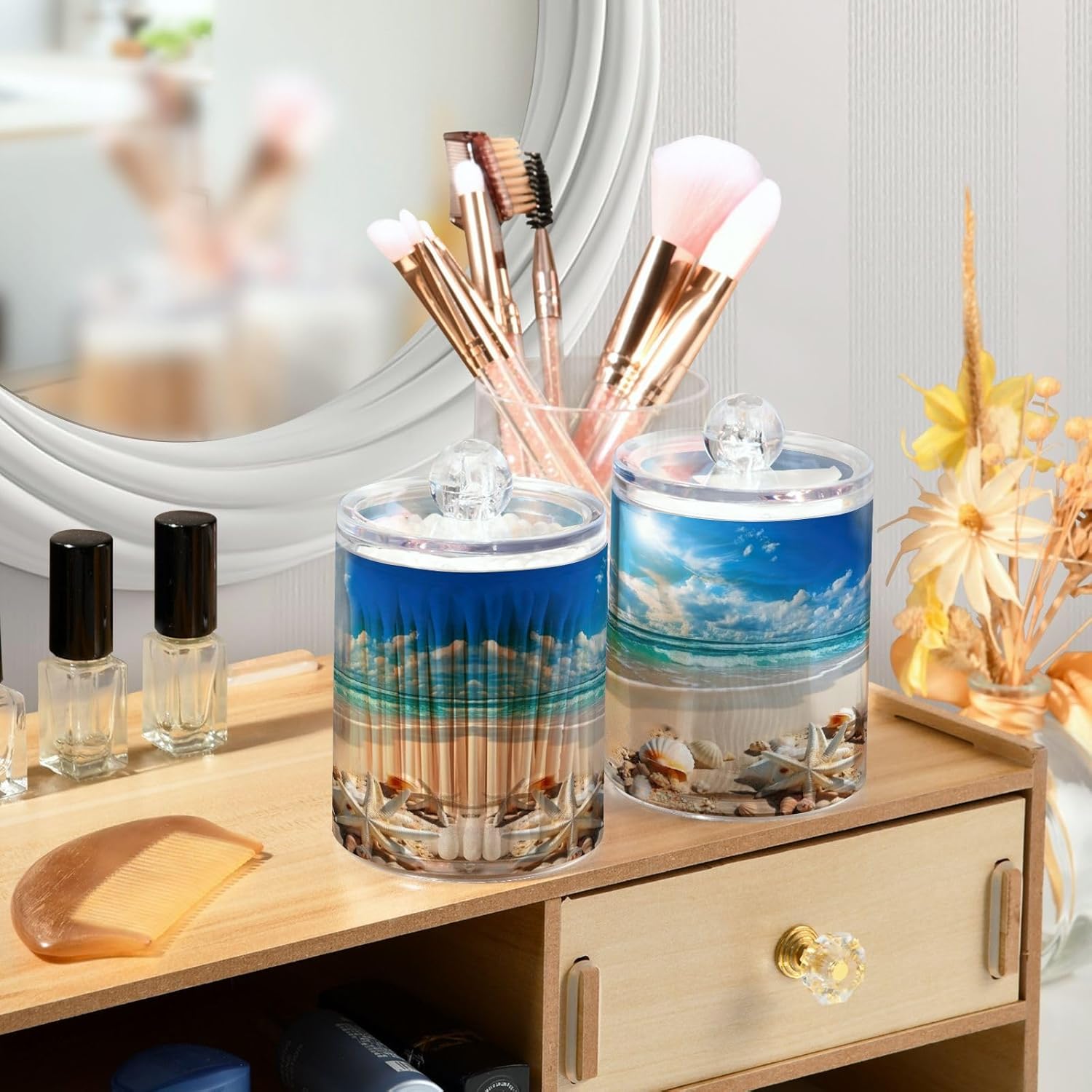 Beautiful Beach Scene Qtip Holder 4 Pack - 10 Oz Clear Plastic Apothecary Jar Set for Bathroom Organization - Versatile Canister Storage for Cotton Balls, Swabs, Rounds