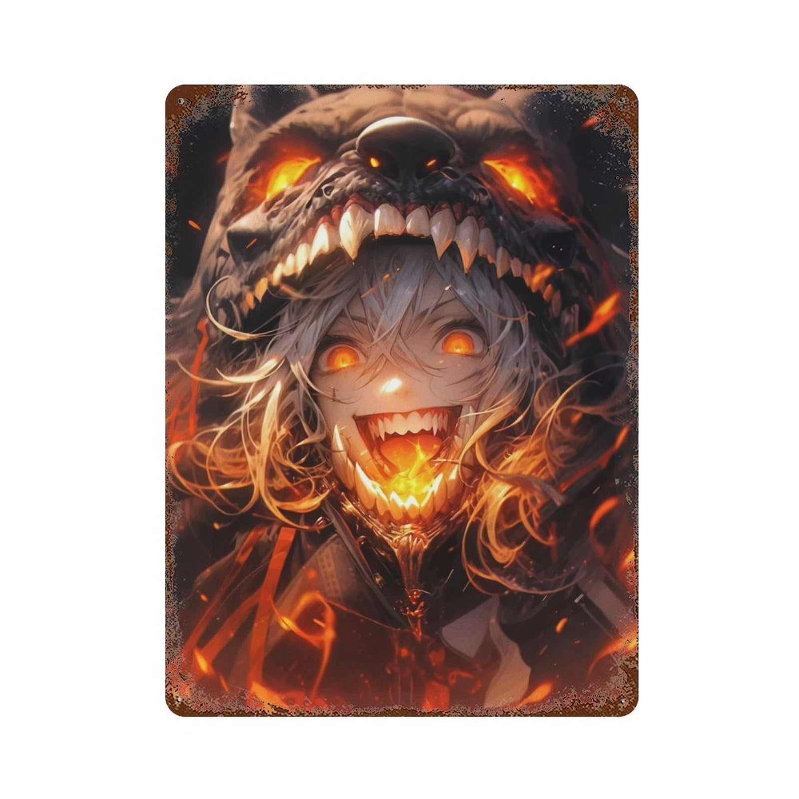 Rusty Metal Tin Sign with Fiery Wolf Girl Design 15.7"x11.8", for Farmhouse, Kitchen And Entryway Decor, Rustic Home Decor