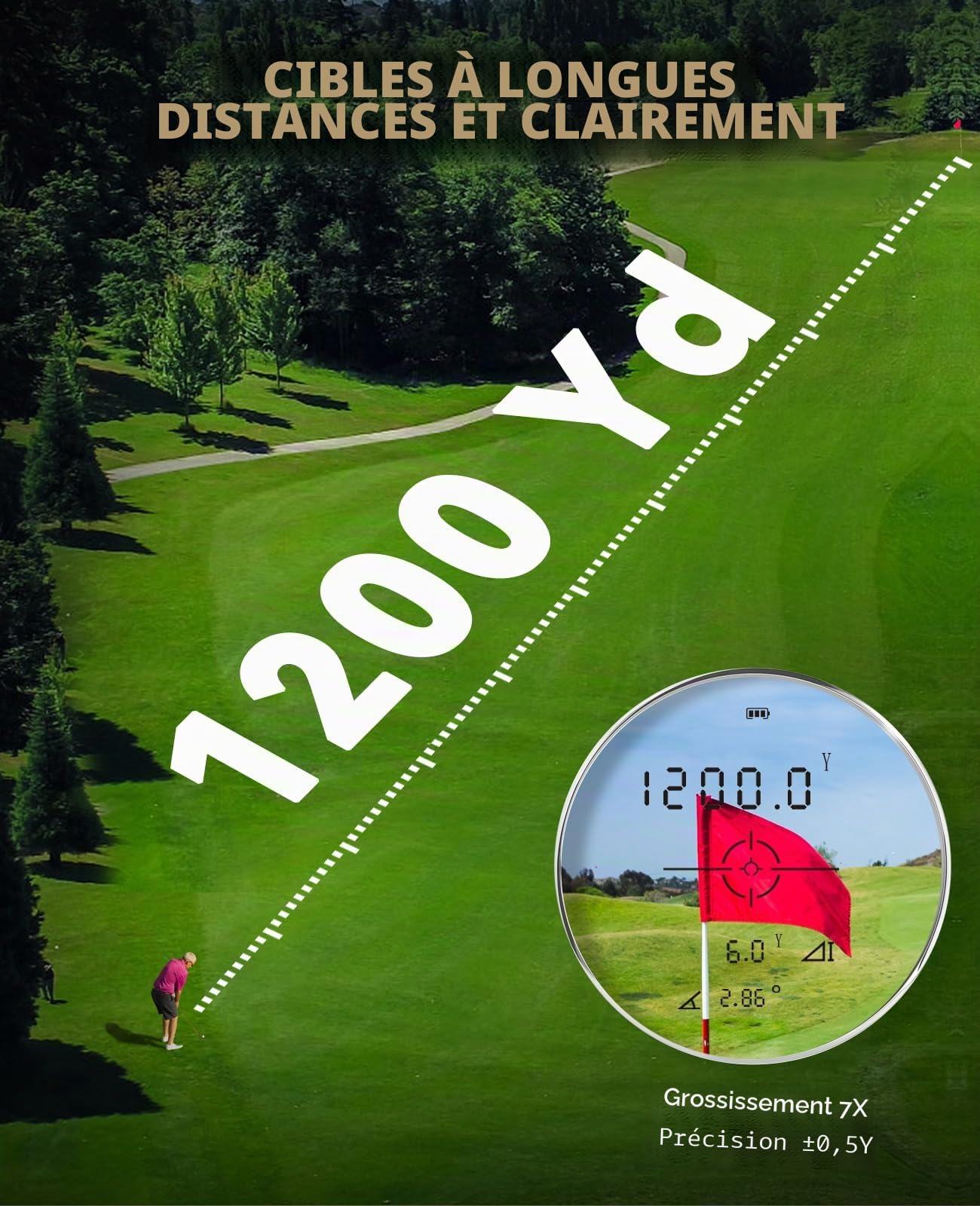 SUNPOW Télémètre de Golf avec Compensation de Pente, Laser Haute Précision, Portée 1200 Yards, Grossissement 7X, Verrouillage de Drapeau Vibration, Rechargeable, Bande Magnétique.