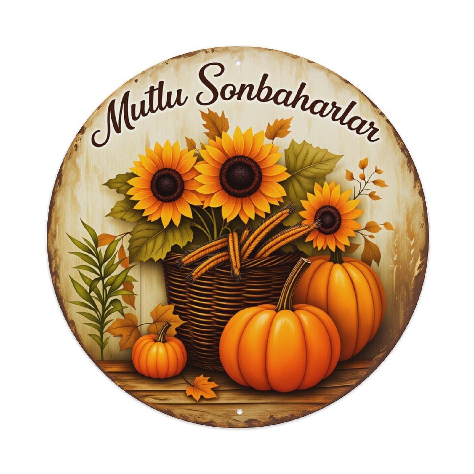 Sunflower Pumpkin Basket Leaves Autumn Vintage Metal Tin Sign Retro Wall Decor for Home Bar Garage Cafe, Indoor & Outdoor Decorative，circle Metal Poster, 8x8 Inch