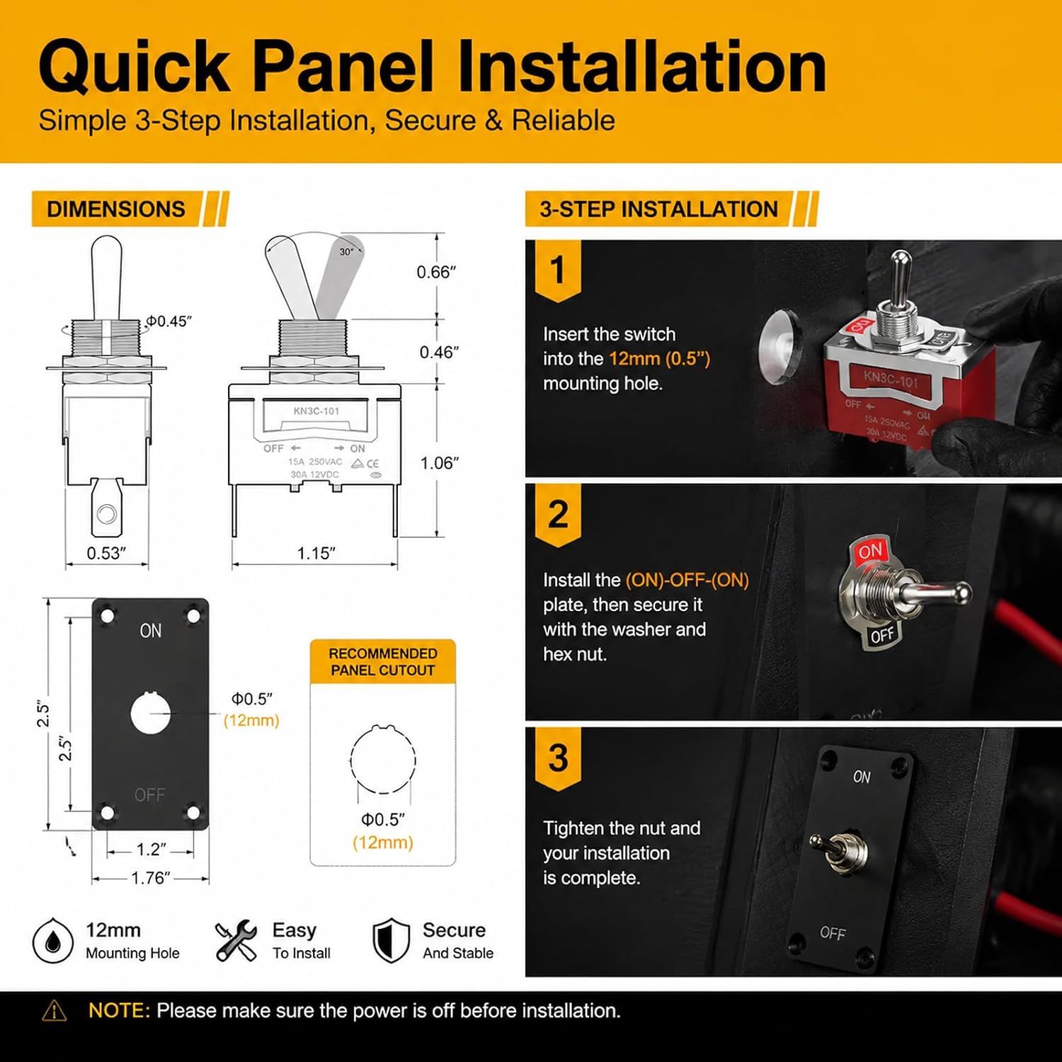 Waterproof Toggle Switch 12V 30A, Heavy Duty SPST 2 Pin ON Off Switch with Boot Cover & Mounting Panel for Marine Boat RV Truck Auxiliary Lights