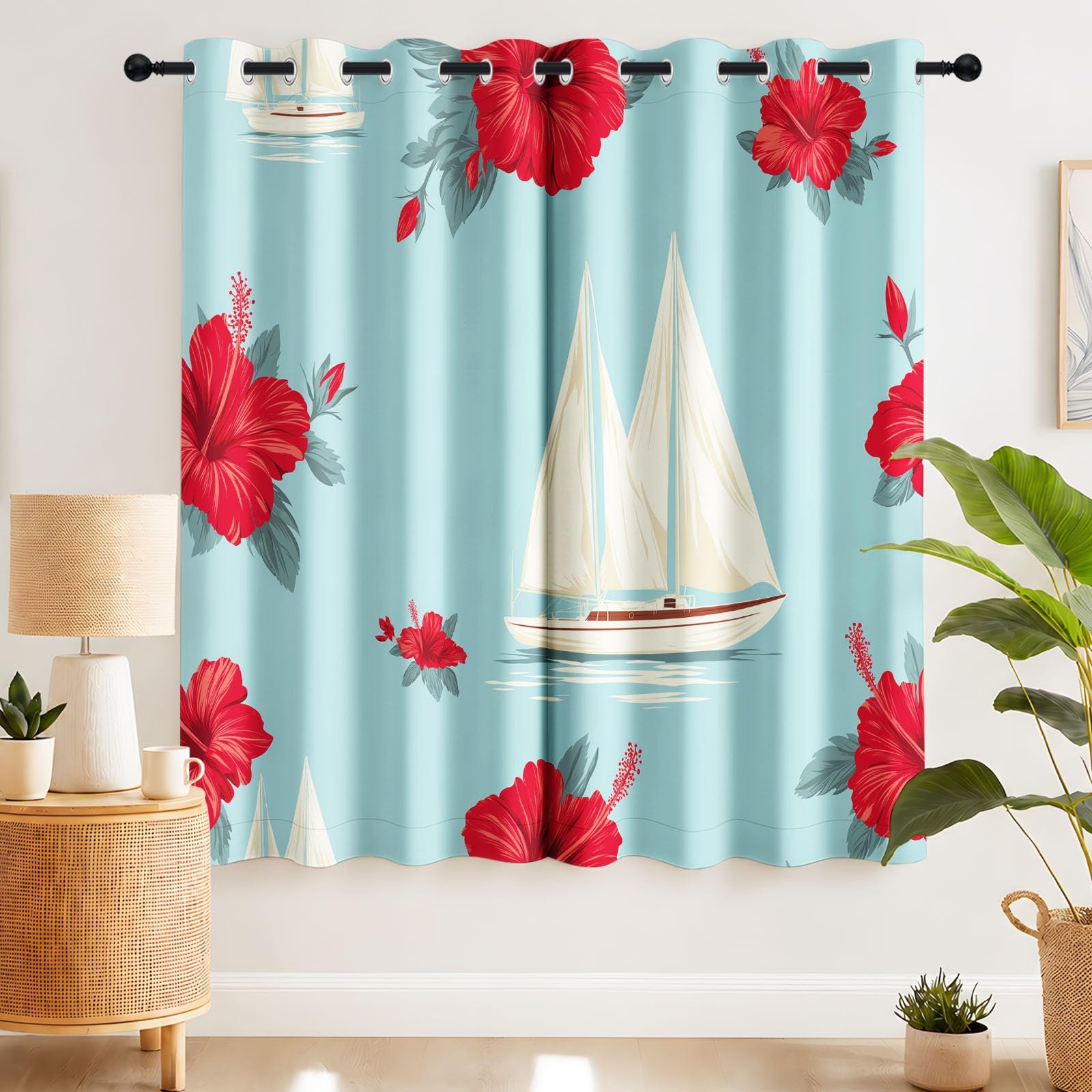 Générique Tenda oscurante nautica tropicale, 117 x 229 cm, nautica pianta tende e drappeggi per bambini e ragazze, camera da letto, soggiorno, tende termiche isolanti
