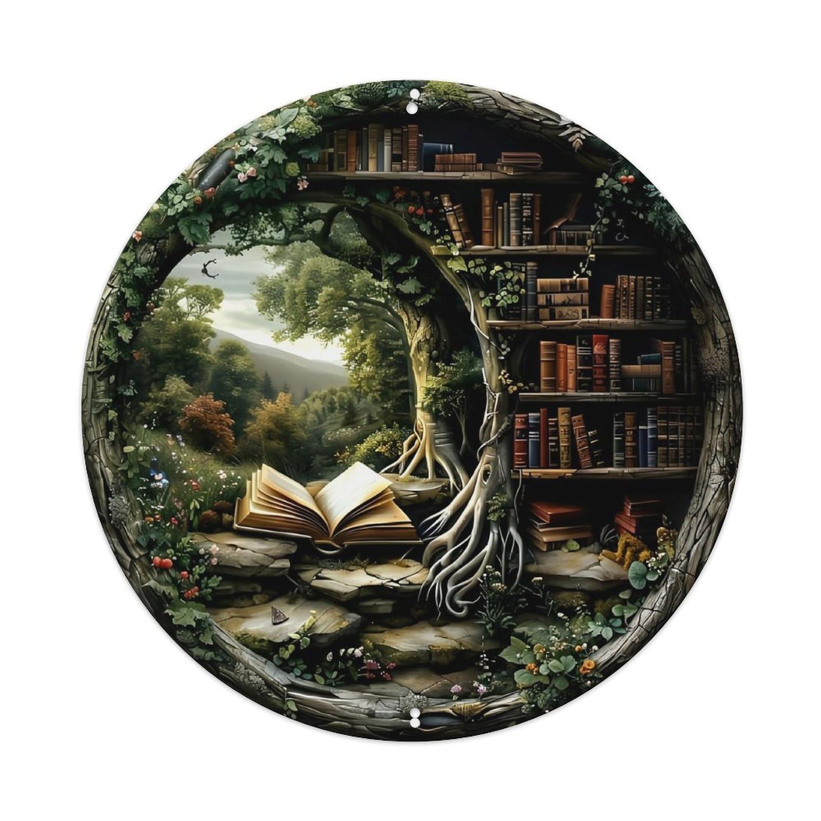Enchanted Tree Library Bookshelf Scene Vintage Metal Tin Sign Retro Wall Decor for Home Bar Garage Cafe, Indoor & Outdoor Decorative，circle Metal Poster, 8x8 Inch