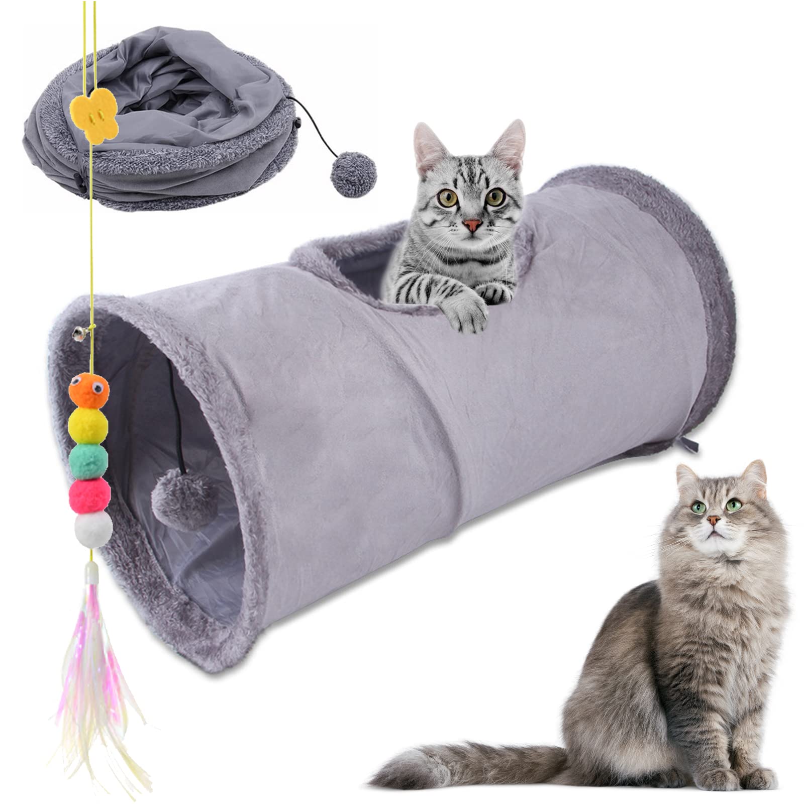 Túnel para Gatos Plegable, Juguete túnel de Gato en Gamuza, Juguete con Pompón y Colgante para Gato, Gran túnel para Gato de Interior Conejos, para Gatos,Cachorros,Conejos,Cobayas (Gris)